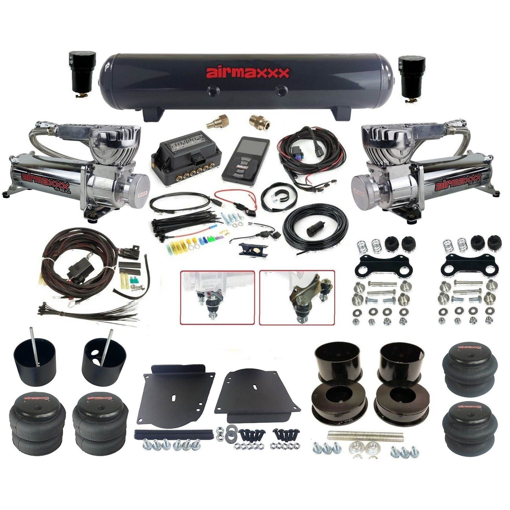 Air Lift 3P 27685 dual 580 chrome compressors steel tank & bags w/airmaxxx brackets Air Ride Kit for 1964–72 GM A-Body KABDY-580C2-57S-27685-WK-3P2