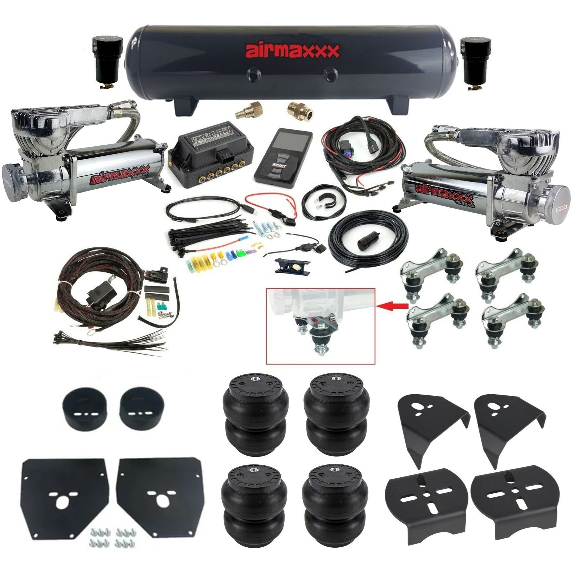 Air Lift 3P 27685 dual 580 chrome compressors steel tank slam bags & airmaxxx brackets Air Ride Kit for 1973–87 Chevy C10 KC1073-580C2-57S-27685-WK-3P2SS7