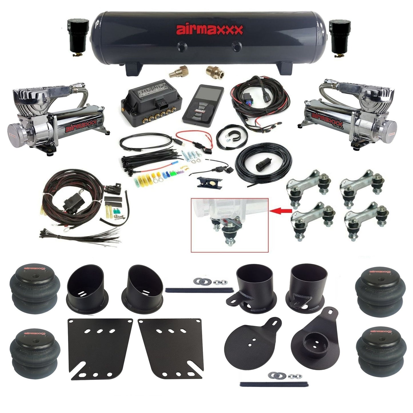 Air Lift 3P 27685 dual chrome 580 compressors steel tank 2600 bags & airmaxxx brackets Air Ride Kit for 1958–64 Chevy Impala KIMP58-580C2-57S-27685-WK-3P2