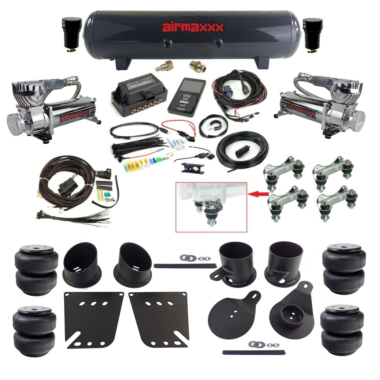 Air Lift 3P 27685 dual chrome 580 compressors steel tank airlift bags & airmaxxx brackets Air Ride Kit for 1958–64 Chevy Impala KIMP58-580C2-57S-27685-WK-3P2.D25