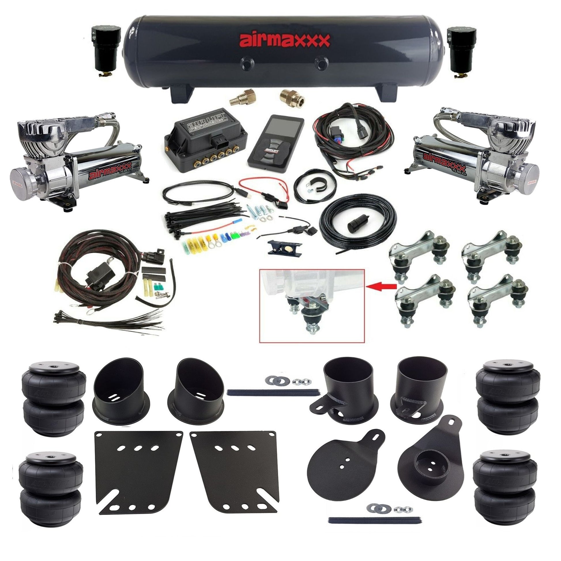 Air Lift 3P 27685 dual chrome 580 compressors steel tank airlift bags & airmaxxx brackets Air Ride Kit for 1958–64 Chevy Impala KIMP58-580C2-57S-27685-WK-3P2.D25