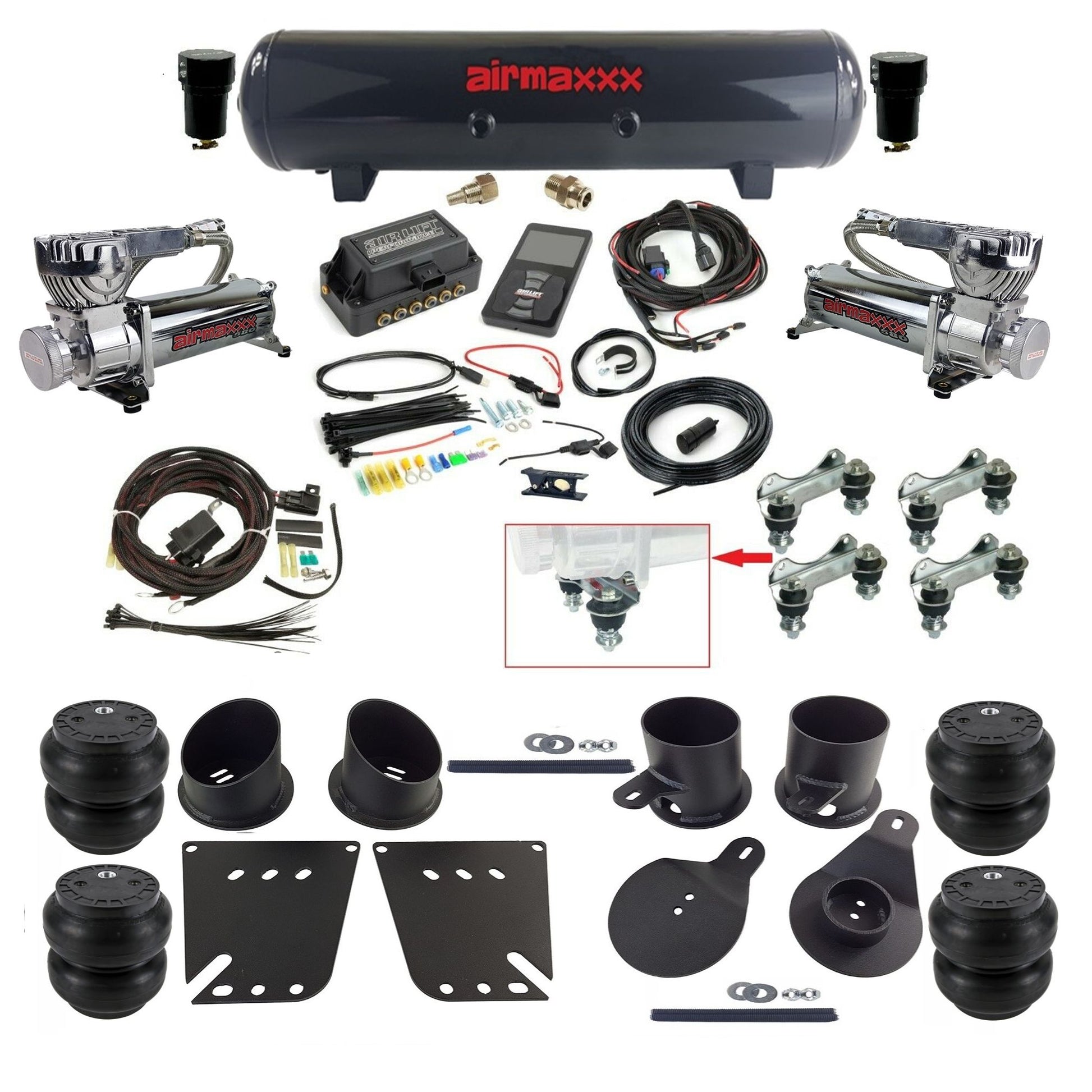 Air Lift 3P 27685 dual chrome 580 compressors steel tank slam bags & airmaxxx brackets Air Ride Kit for 1958–64 Chevy Impala KIMP58-580C2-57S-27685-WK-3P2.SS7