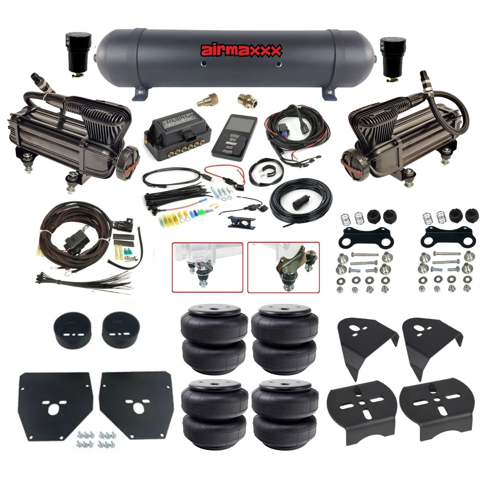 Air Lift 3P 27685 dual x-series compressors aluminum tank airlift bags & airmaxxx brackets Air Ride Kit for 1973–87 Chevy/GMC C10 KC1073-XB2-57ABK-27685-WK-3P2D26