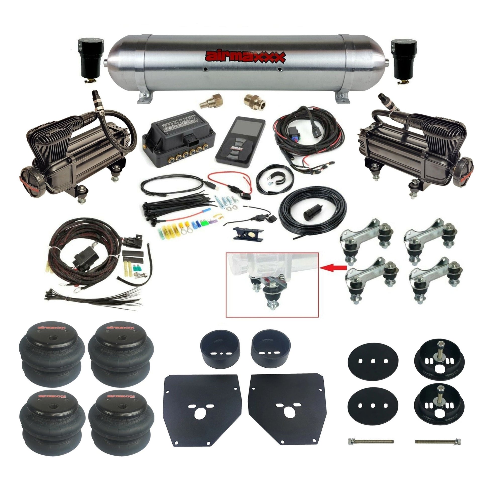 Air Lift 3P 27685 dual x-series compressors raw aluminum tank 2600 bags & airmaxxx brackets Air Ride Kit for 1963–72 Chevy C10 KC1063-XB2-57ARW-27685-WK-3P2