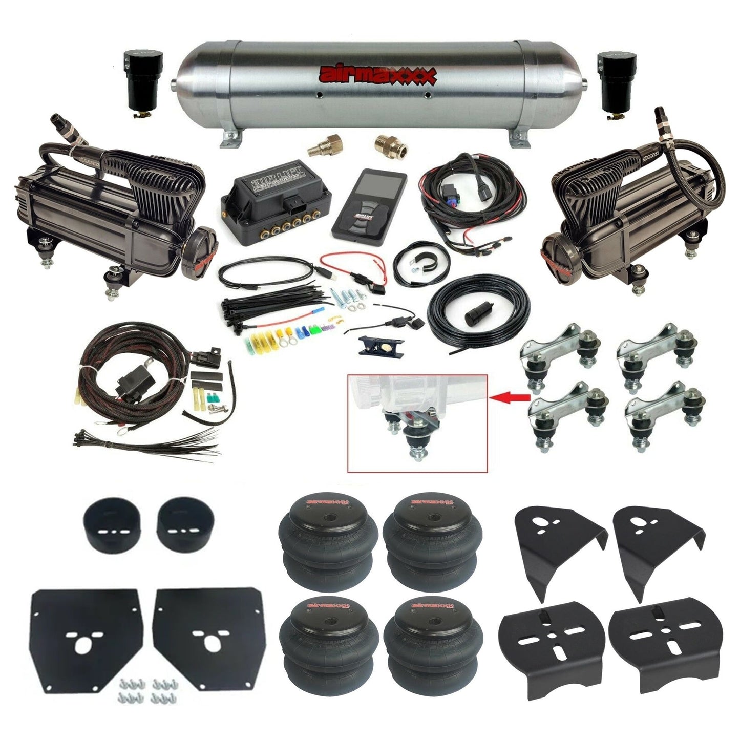 Air Lift 3P 27685 dual x-series compressors raw aluminum tank 2600 bags & airmaxxx brackets Air Ride Kit for 1973–87 Chevy C10 KC1073-XB2-57ARAW-27685-WK-3P2
