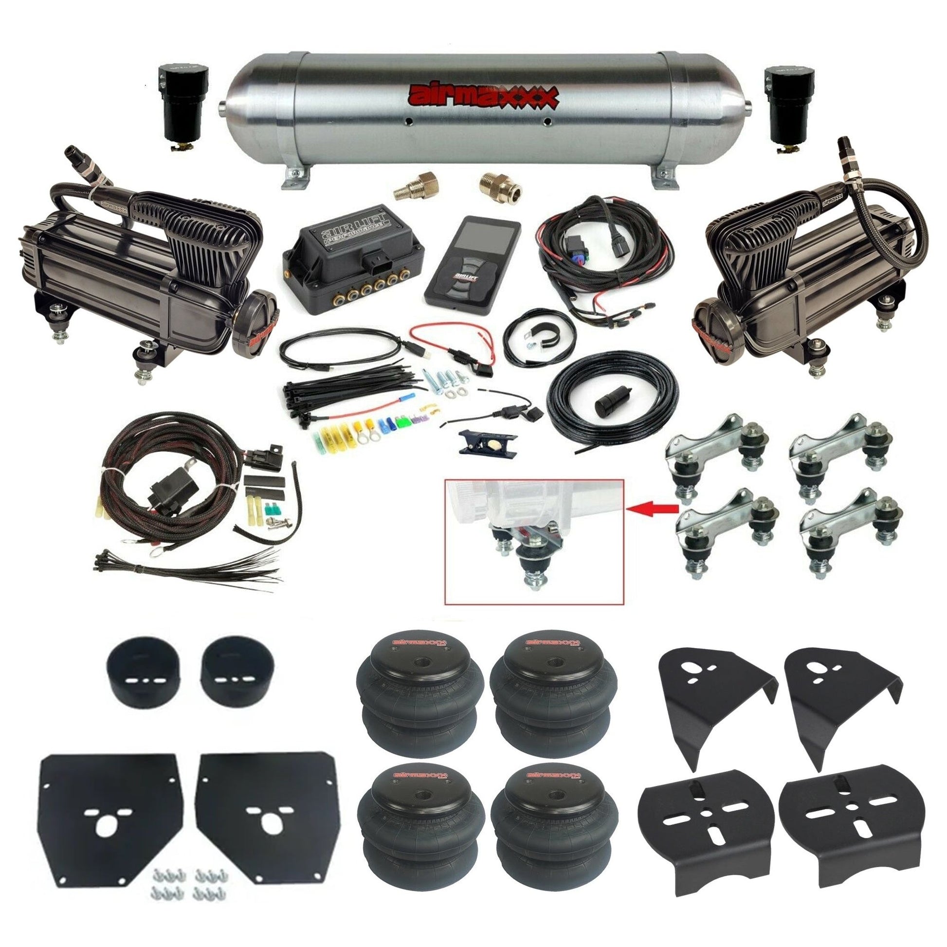 Air Lift 3P 27685 dual x-series compressors raw aluminum tank 2600 bags & airmaxxx brackets Air Ride Kit for 1973–87 Chevy C10 KC1073-XB2-57ARAW-27685-WK-3P2