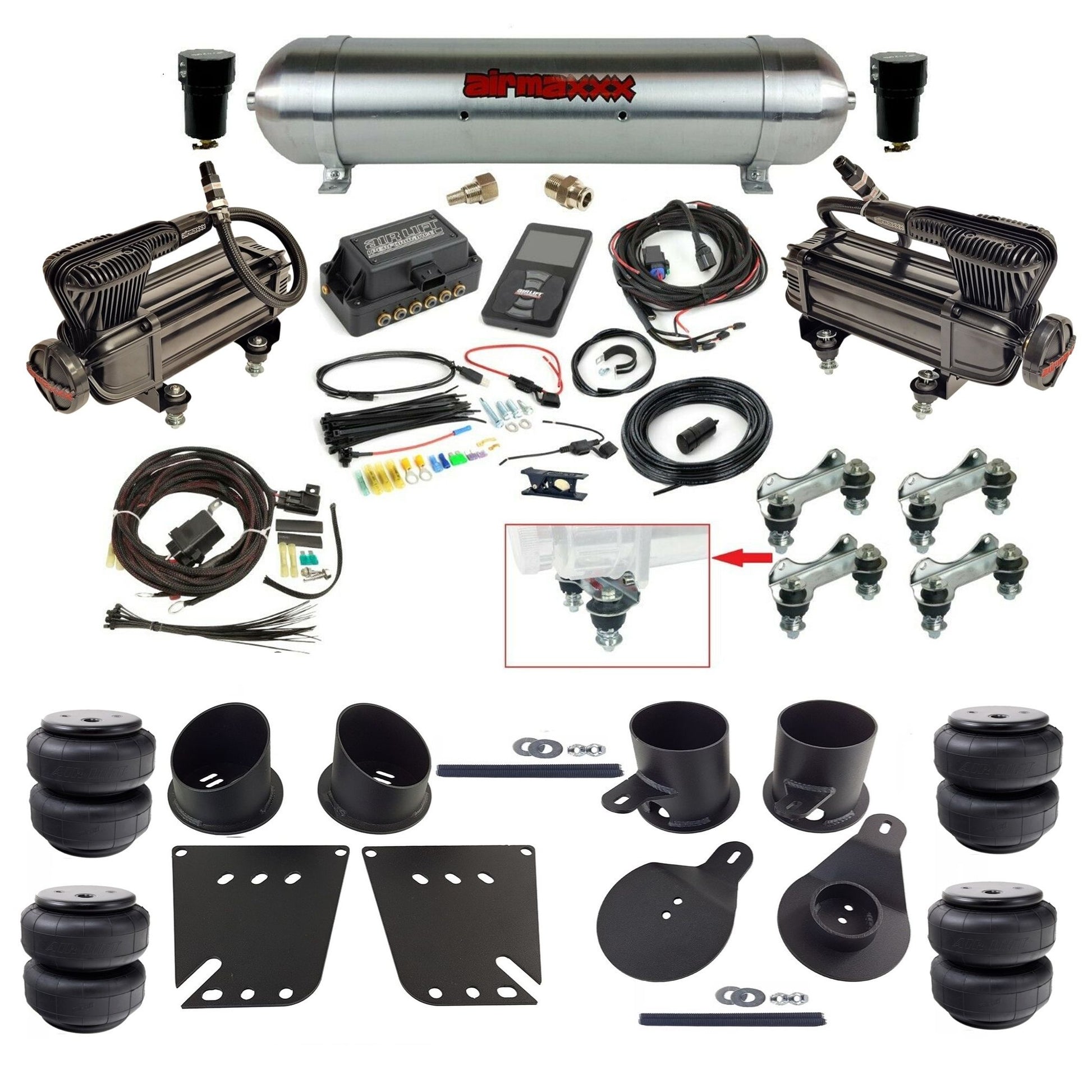 Air Lift 3P 27685 dual x-series  compressors raw aluminum tank airlift bags & airmaxxx brackets Air Ride Kit for 1958–64 Chevy Impala KIMP58-XB2-57ARAW-27685-WK-3P2.D25