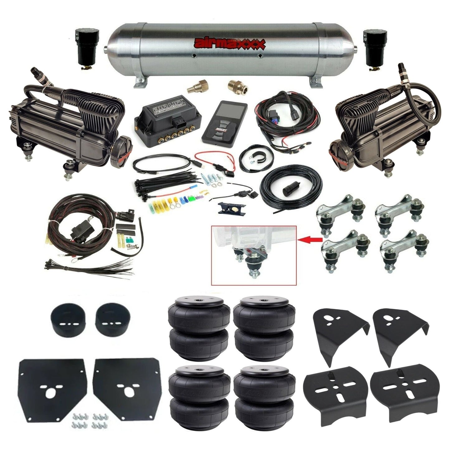 Air Lift 3P 27685 dual x-series compressors raw aluminum tank airlift bags & airmaxxx brackets Air Ride Kit for 1973–87 Chevy C10 KC1073-XB2-57ARAW-27685-WK-3P2D26