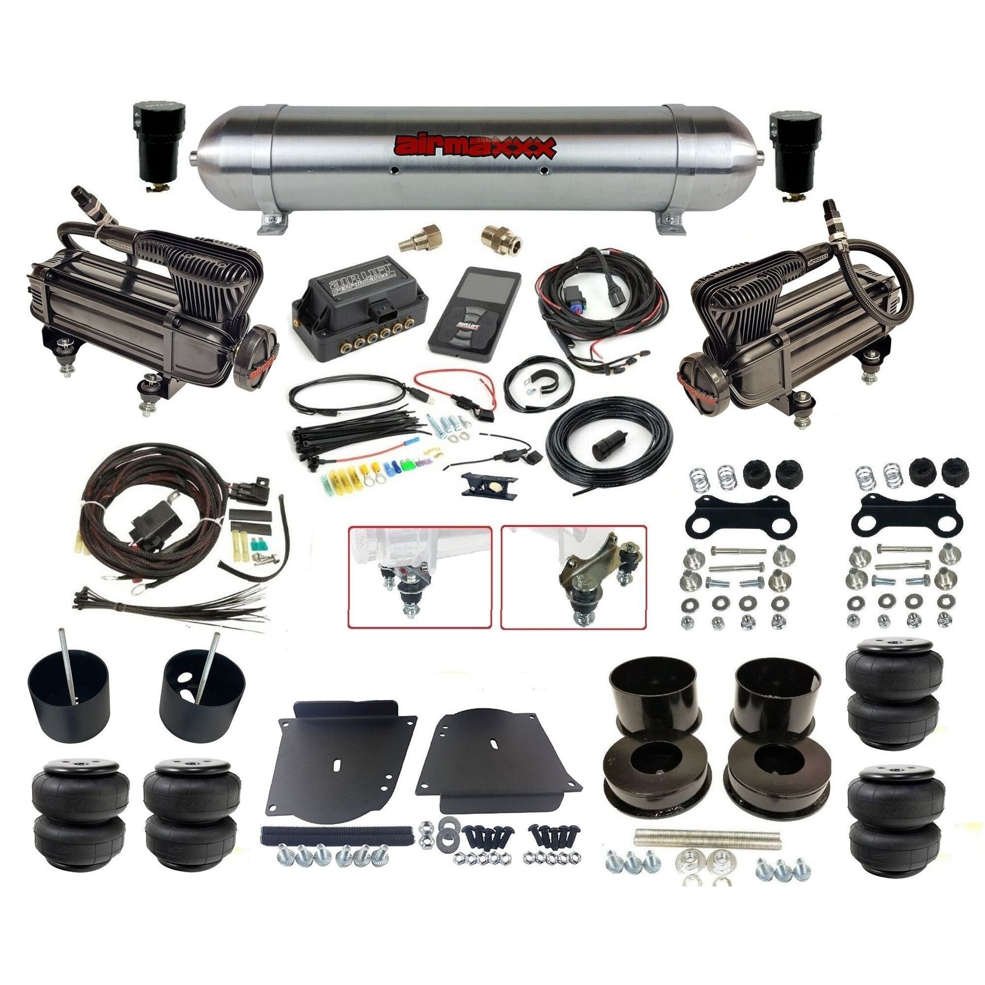 Air Lift 3P 27685 dual x-series  compressors raw aluminum tank & airlift bags w/airmaxxx brackets Air Ride Kit for 1964–72 GM A-Body KABDY-XB2-57ARW-27685-WK-3P2D25