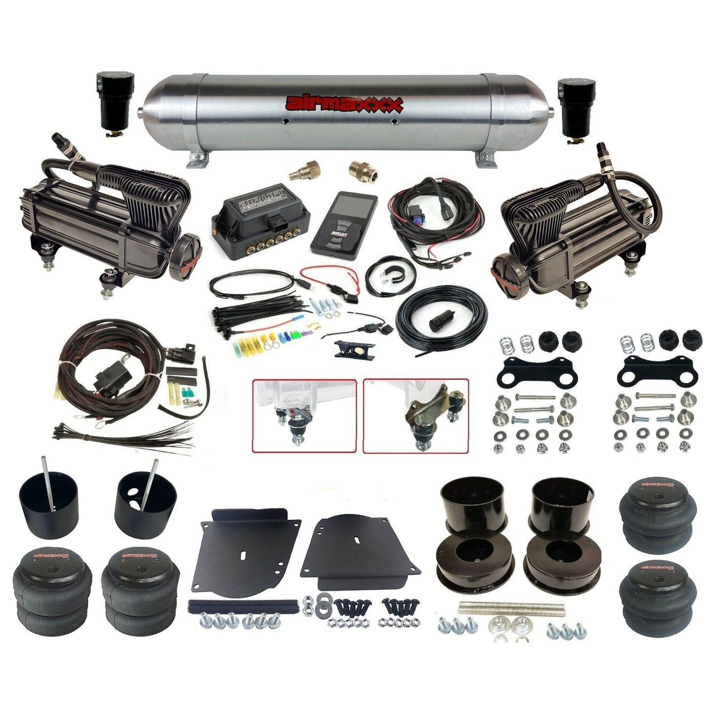 Air Lift 3P 27685 dual x-series  compressors raw aluminum tank & bags w/airmaxxx brackets Air Ride Kit for 1964–72 GM A-Body KABDY-XB2-57ARW-27685-WK-3P2