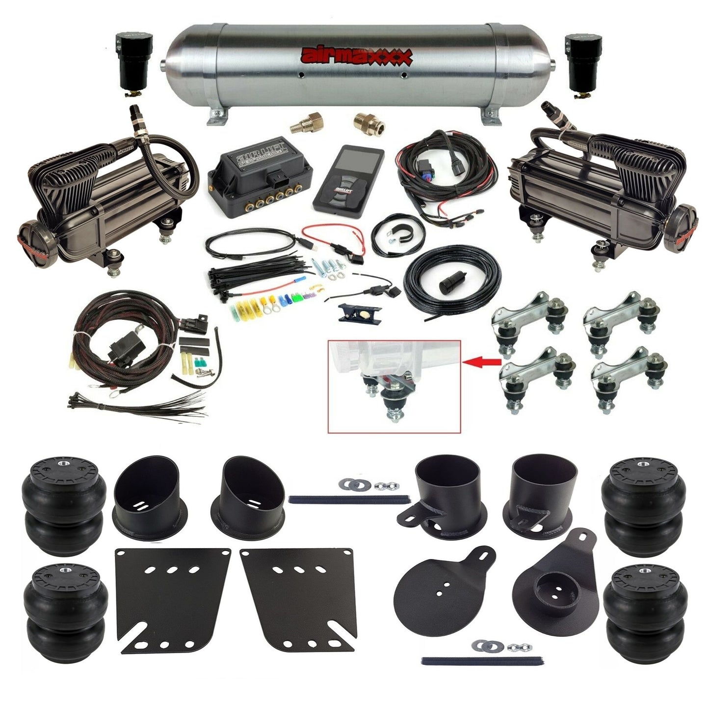 Air Lift 3P 27685 dual x-series  compressors raw aluminum tank slam bags & airmaxxx brackets Air Ride Kit for 1958–64 Chevy Impala KIMP58-XB2-57ARAW-27685-WK-3P2.SS7