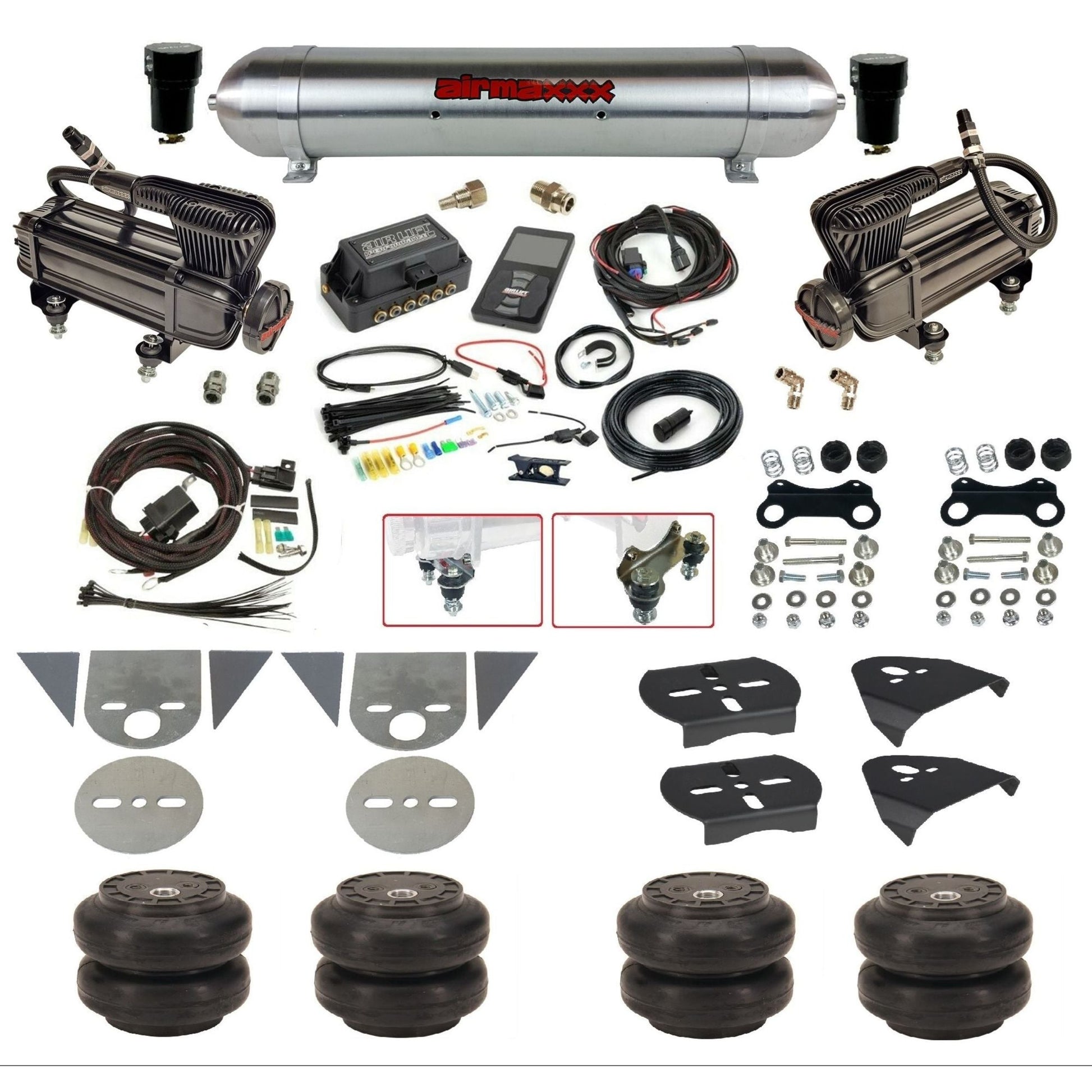 Air Lift 3P 27685 dual x-series  compressors raw aluminum tank slam bags & brackets Air Ride Kit for Import Mini Trucks KTOR-XB2-57ARW-27685-WK-3P2SS6