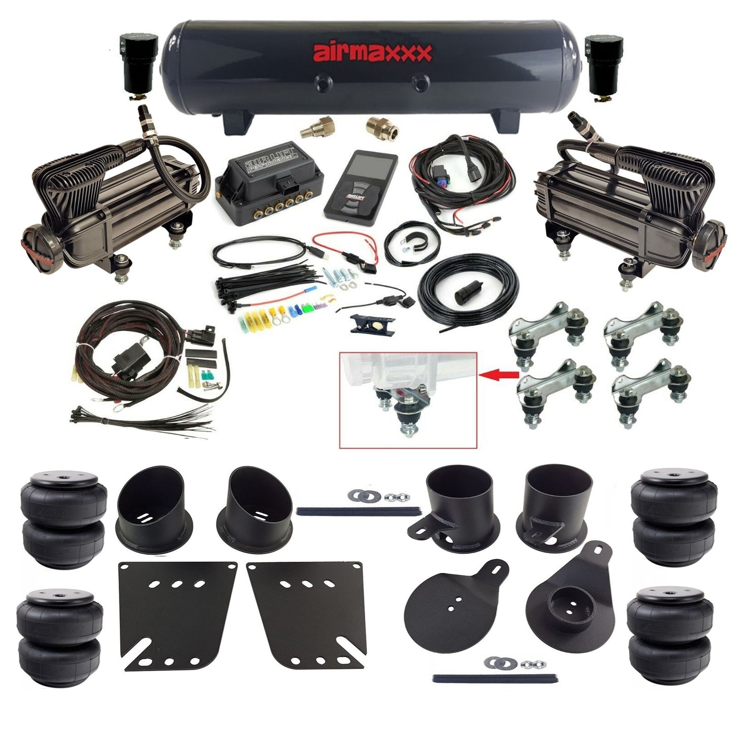 Air Lift 3P 27685 dual x-series  compressors steel tank airlift bags & airmaxxx brackets Air Ride Kit for 1958–64 Chevy Impala KIMP58-XB2-57S-27685-WK-3P2.D25