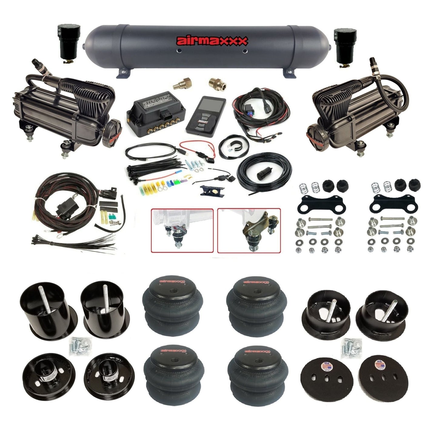 Air Lift 3P 3/8 air suspension kit with dual X-series compressors aluminum tank 2600 bags & airmaxxx brackets fits 1963-64 Cadillac KCAD63-XB2-57ABK-27685-WK-3P2