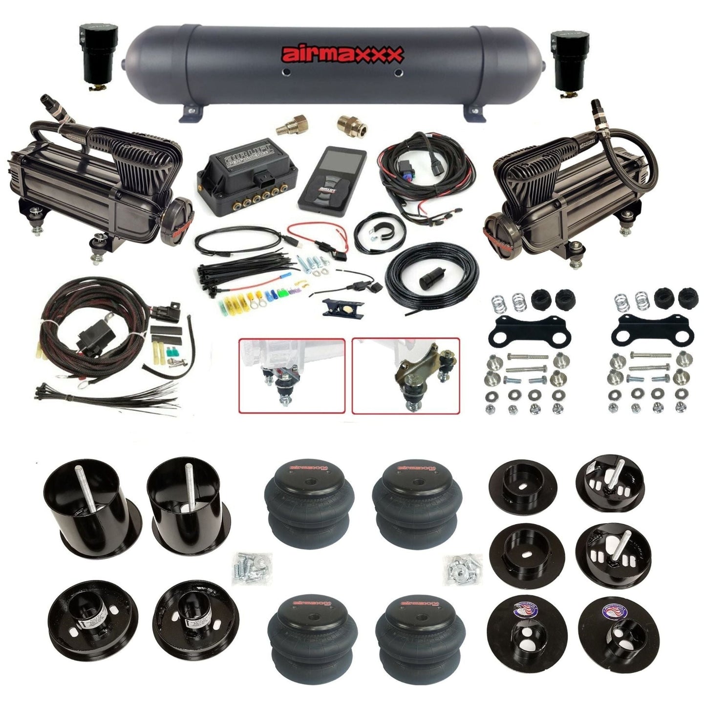 Air Lift 3P 3/8 air suspension kit with dual X-series compressors aluminum tank 2600 bags & airmaxxx brackets fits 1965-70 Cadillac KCAD65-XB2-57ABK-27685-WK-3P2