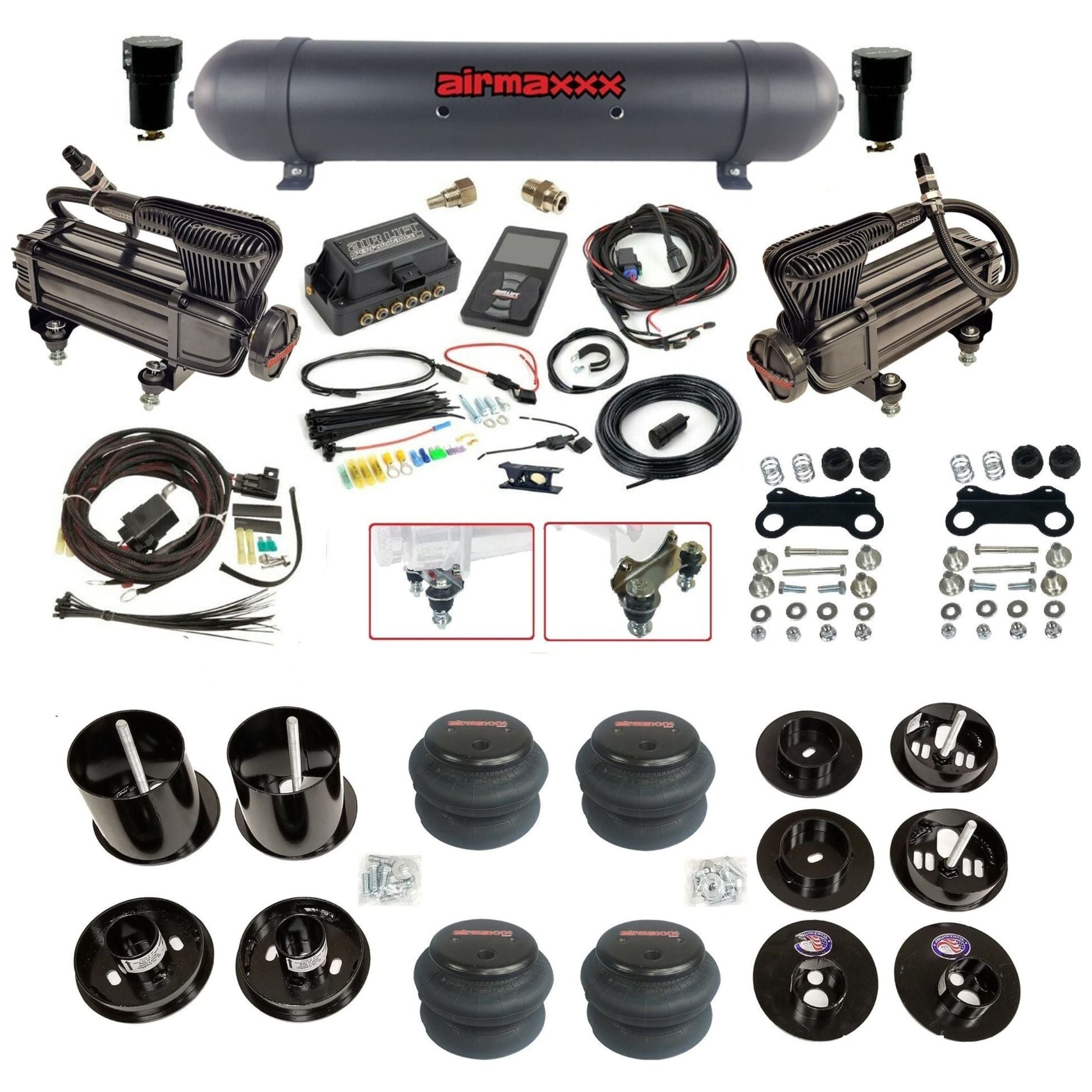 Air Lift 3P 3/8 air suspension kit with dual X-series compressors aluminum tank 2600 bags & airmaxxx brackets fits 1965-70 Cadillac KCAD65-XB2-57ABK-27685-WK-3P2