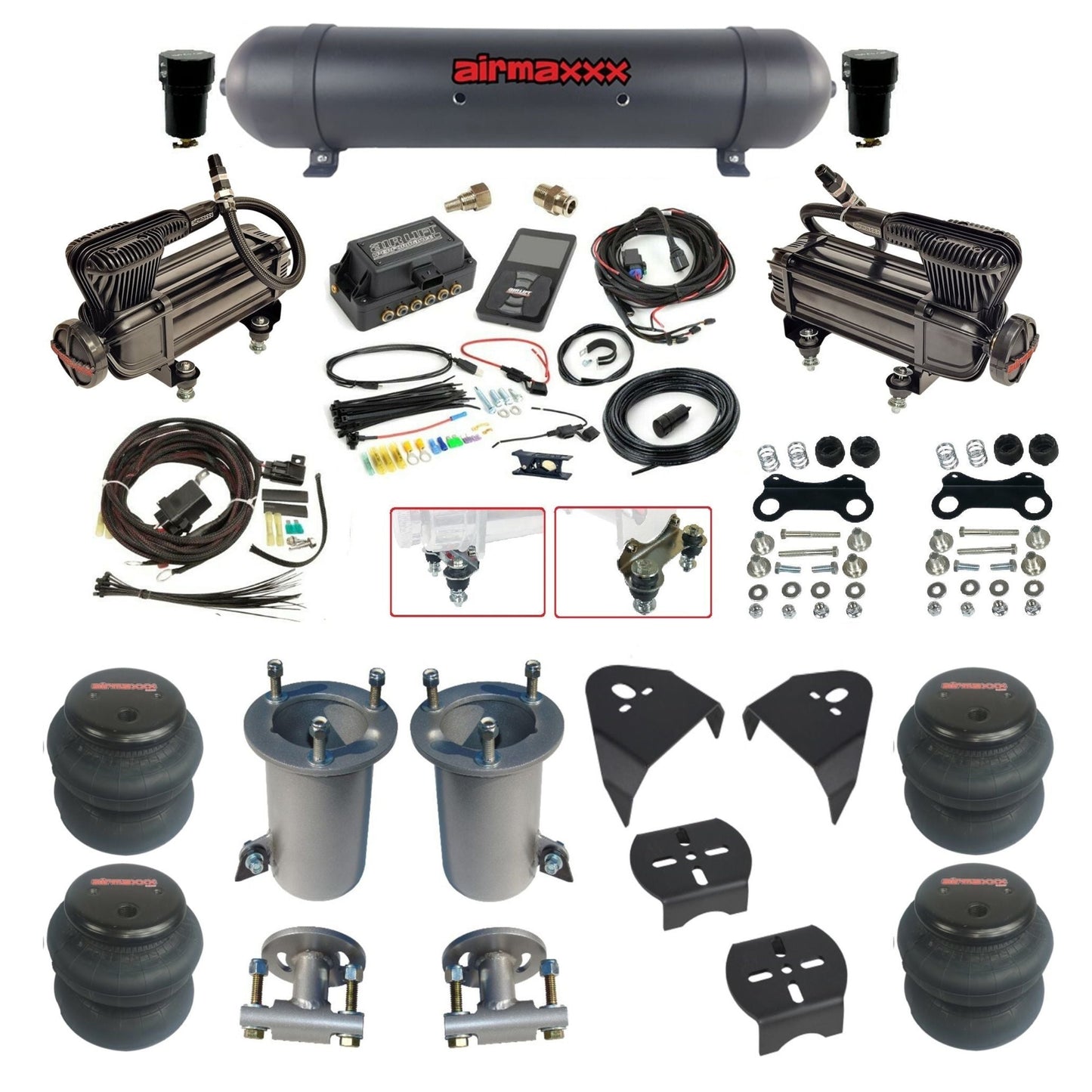 Air Lift 3P 3/8 air suspension kit with dual X-series compressors aluminum tank & 2600 bags w/airmaxxx brackets fits 2007-18 Silverado 1500 KGM07-XB2-57ABK-27685-WK-3P2