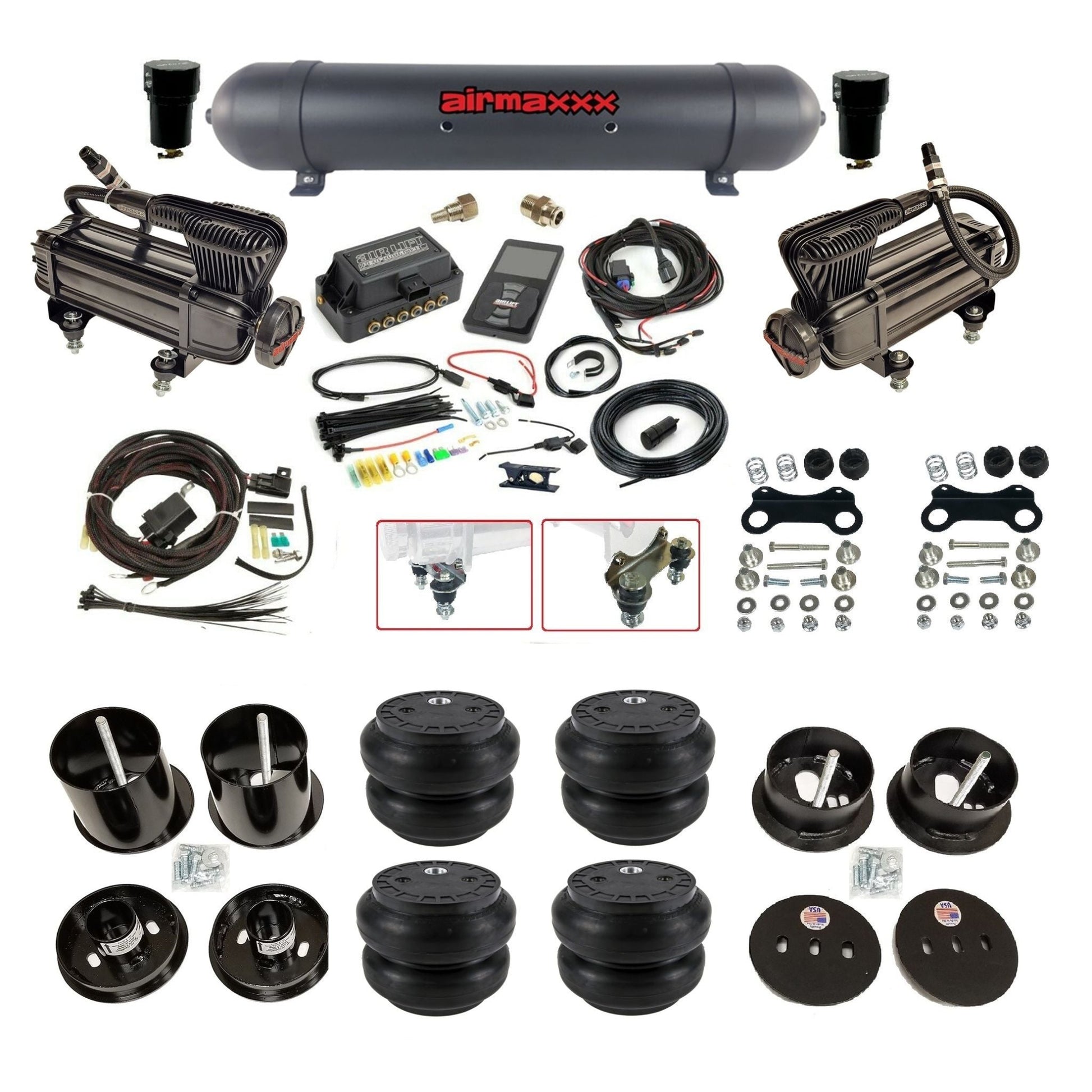 Air Lift 3P 3/8 air suspension kit with dual X-series compressors aluminum tank Slam bags & airmaxxx brackets fits 1963-64 Cadillac KCAD63-XB2-57ABK-27685-WK-3P2SS7