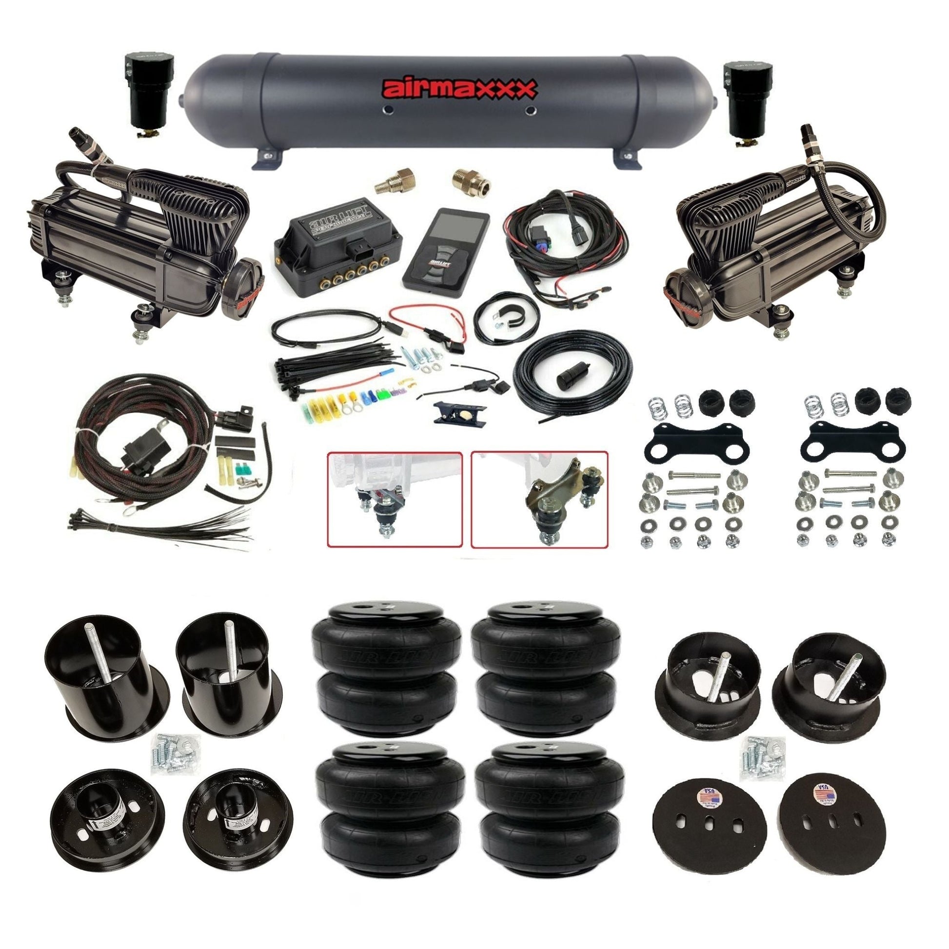 Air Lift 3P 3/8 air suspension kit with dual X-series compressors aluminum tank airlift bags & airmaxxx brackets fits 1963-64 Cadillac KCAD63-XB2-57ABK-27685-WK-3P2D25
