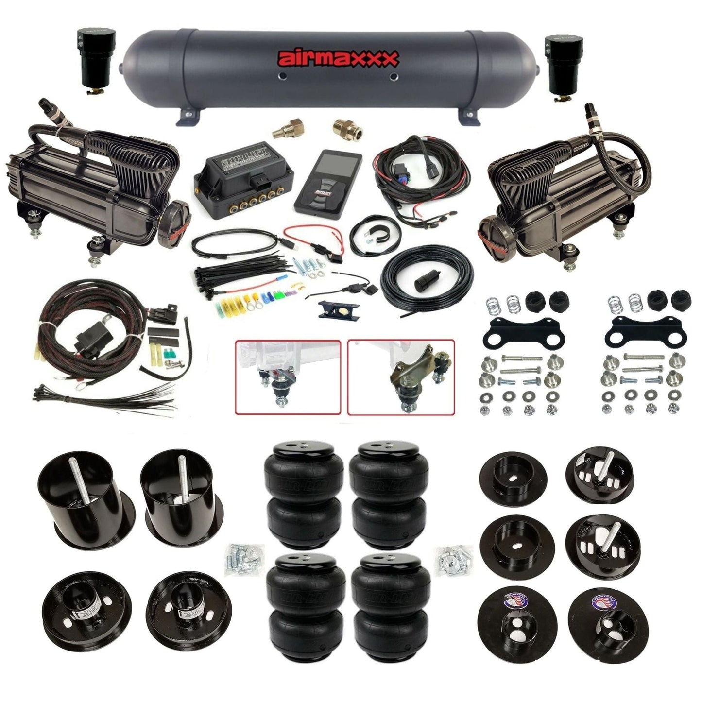 Air Lift 3P 3/8 air suspension kit with dual X-series compressors aluminum tank airlift bags & airmaxxx brackets fits 1965-70 Cadillac KCAD65-XB2-57ABK-27685-WK-3P2D25