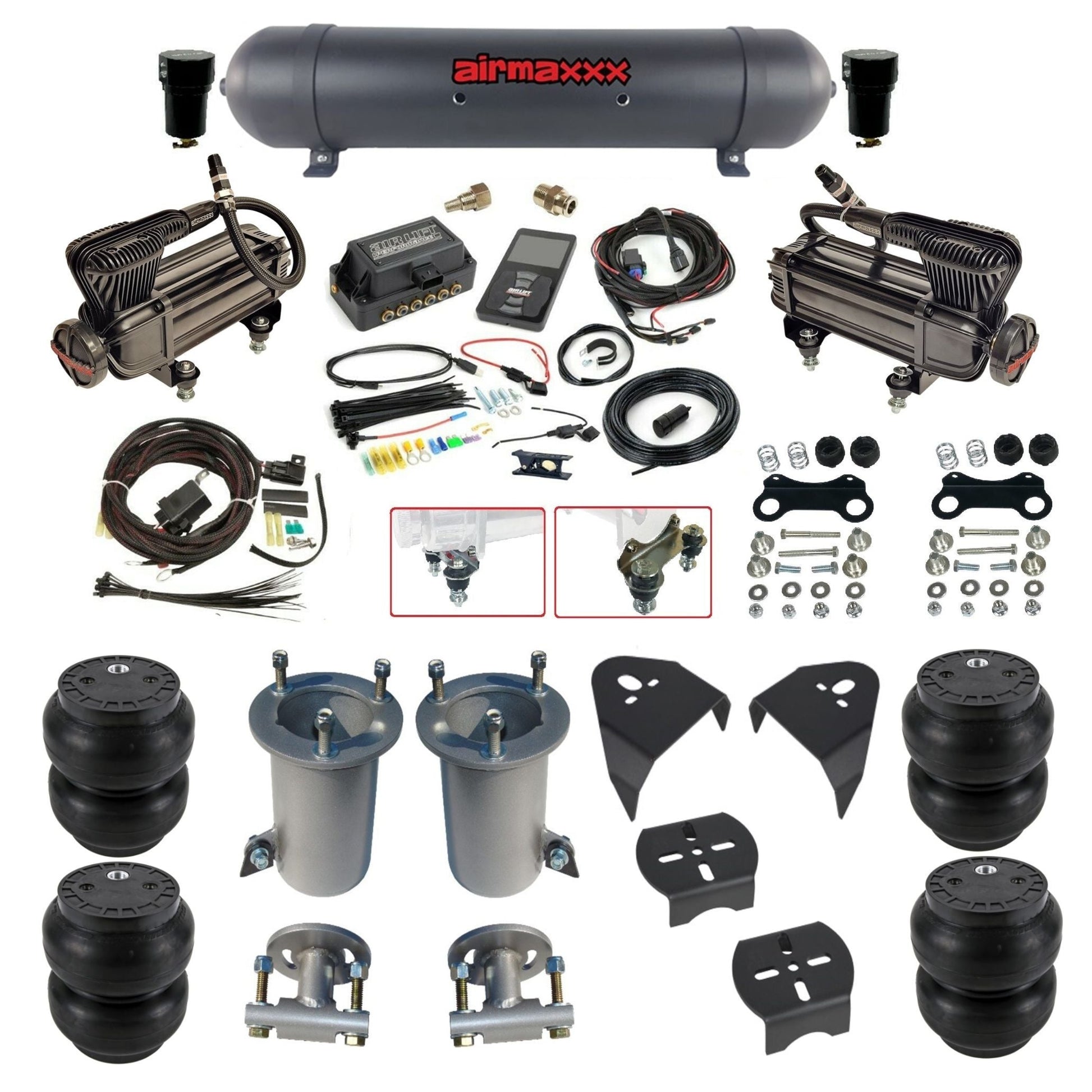 Air Lift 3P 3/8 air suspension kit with dual X-series compressors aluminum tank & slam bags w/airmaxxx brackets fits 2007-18 Silverado KGM07-XB2-57ABK-27685-WK-3P2SS7