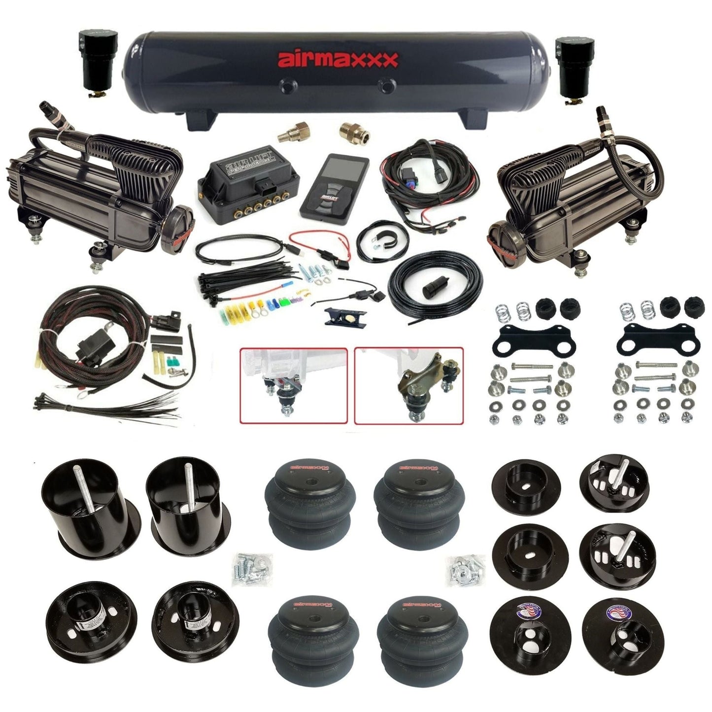 Air Lift 3P 3/8 air suspension kit with dual X-series compressors steel tank 2600 bags & airmaxxx brackets fits 1965-70 Cadillac KCAD65-XB2-57S-27685-WK-3P2