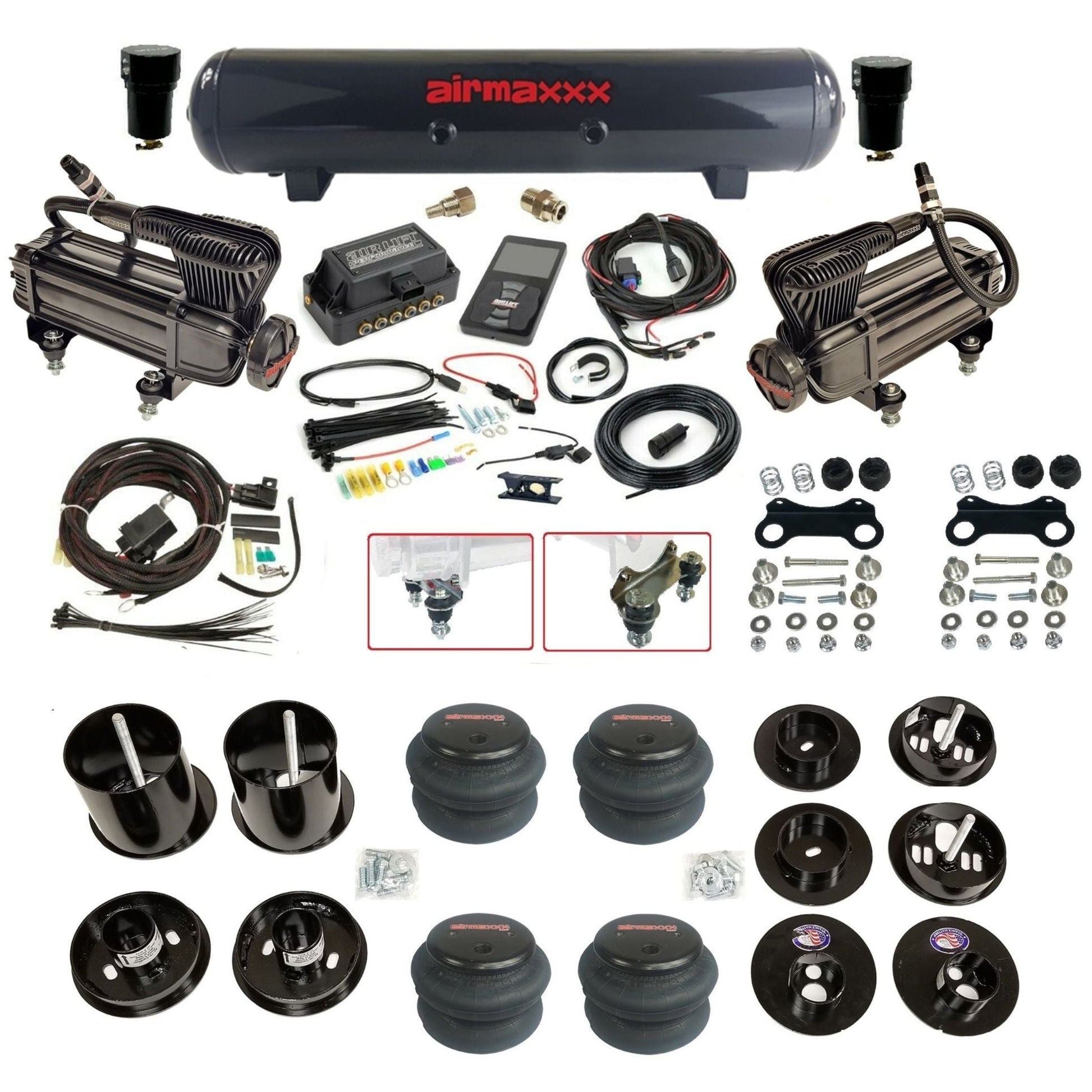 Air Lift 3P 3/8 air suspension kit with dual X-series compressors steel tank 2600 bags & airmaxxx brackets fits 1965-70 Cadillac KCAD65-XB2-57S-27685-WK-3P2