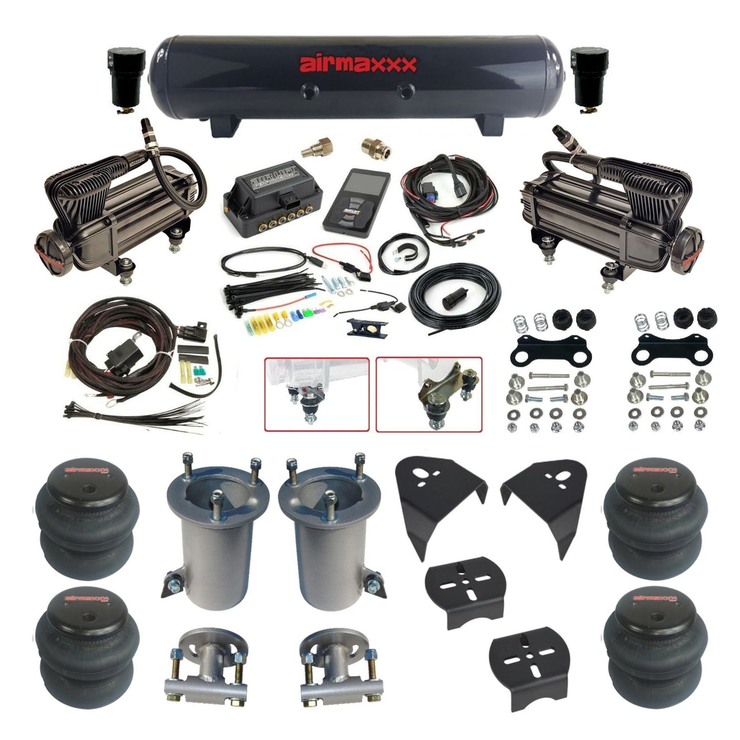 Air Lift 3P 3/8 air suspension kit with dual X-series compressors steel tank & 2600 bags w/airmaxxx brackets fits 2007-18 Silverado KGM07-XB2-57S-27685-WK-3P2