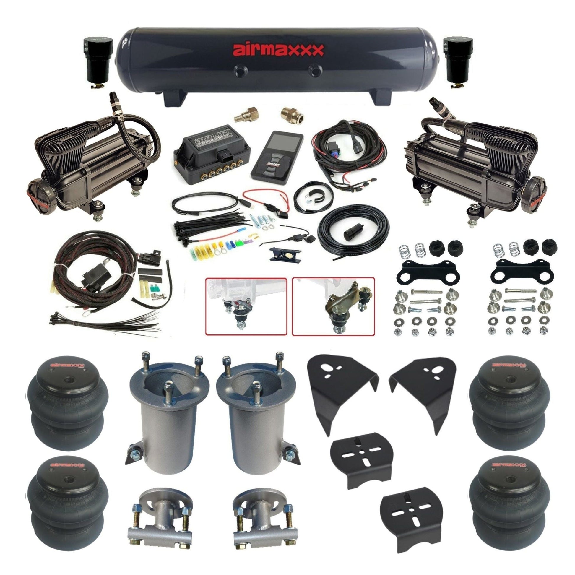 Air Lift 3P 3/8 air suspension kit with dual X-series compressors steel tank & 2600 bags w/airmaxxx brackets fits 2007-18 Silverado KGM07-XB2-57S-27685-WK-3P2