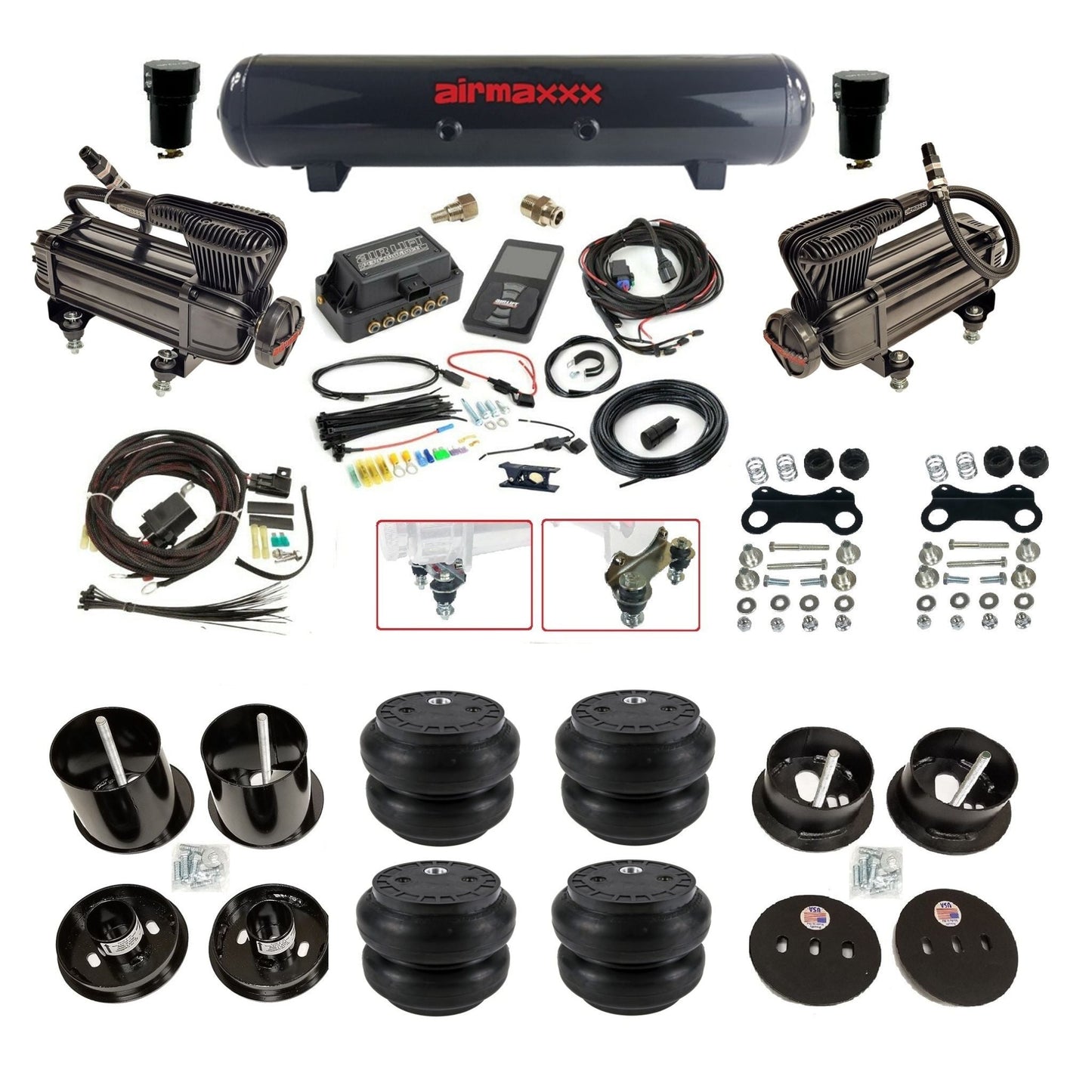 Air Lift 3P 3/8 air suspension kit with dual X-series compressors steel tank Slam bags & airmaxxx brackets fits 1963-64 Cadillac KCAD63-XB2-57S-27685-WK-3P2SS7