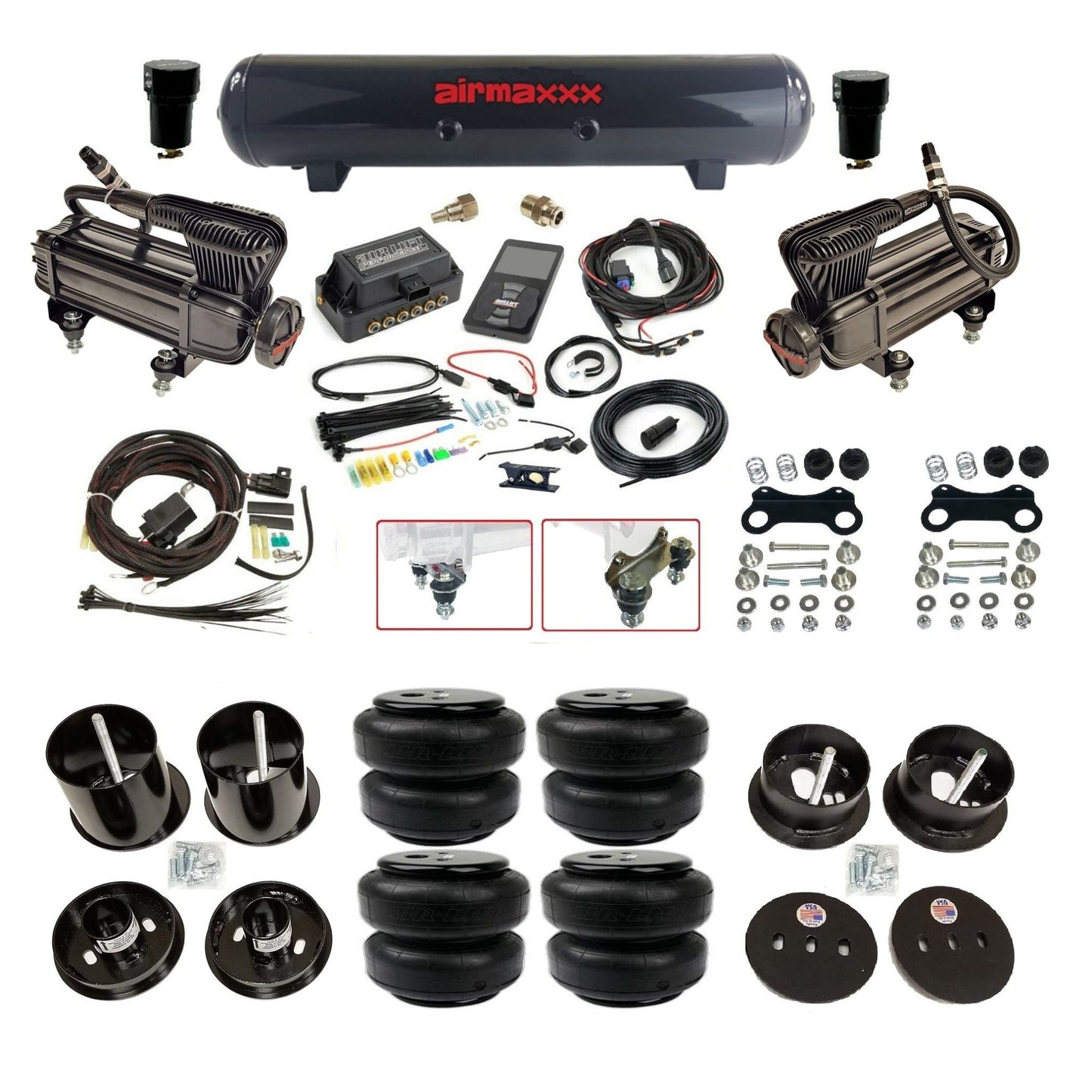 Air Lift 3P 3/8 air suspension kit with dual X-series compressors steel tank airlift bags & airmaxxx brackets fits 1963-64 Cadillac KCAD63-XB2-57S-27685-WK-3P2D25