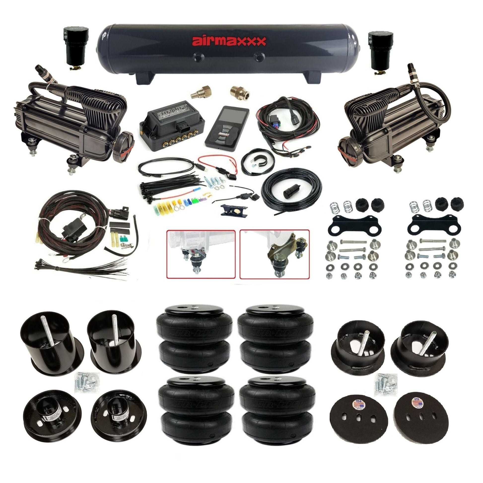Air Lift 3P 3/8 air suspension kit with dual X-series compressors steel tank airlift bags & airmaxxx brackets fits 1963-64 Cadillac KCAD63-XB2-57S-27685-WK-3P2D25