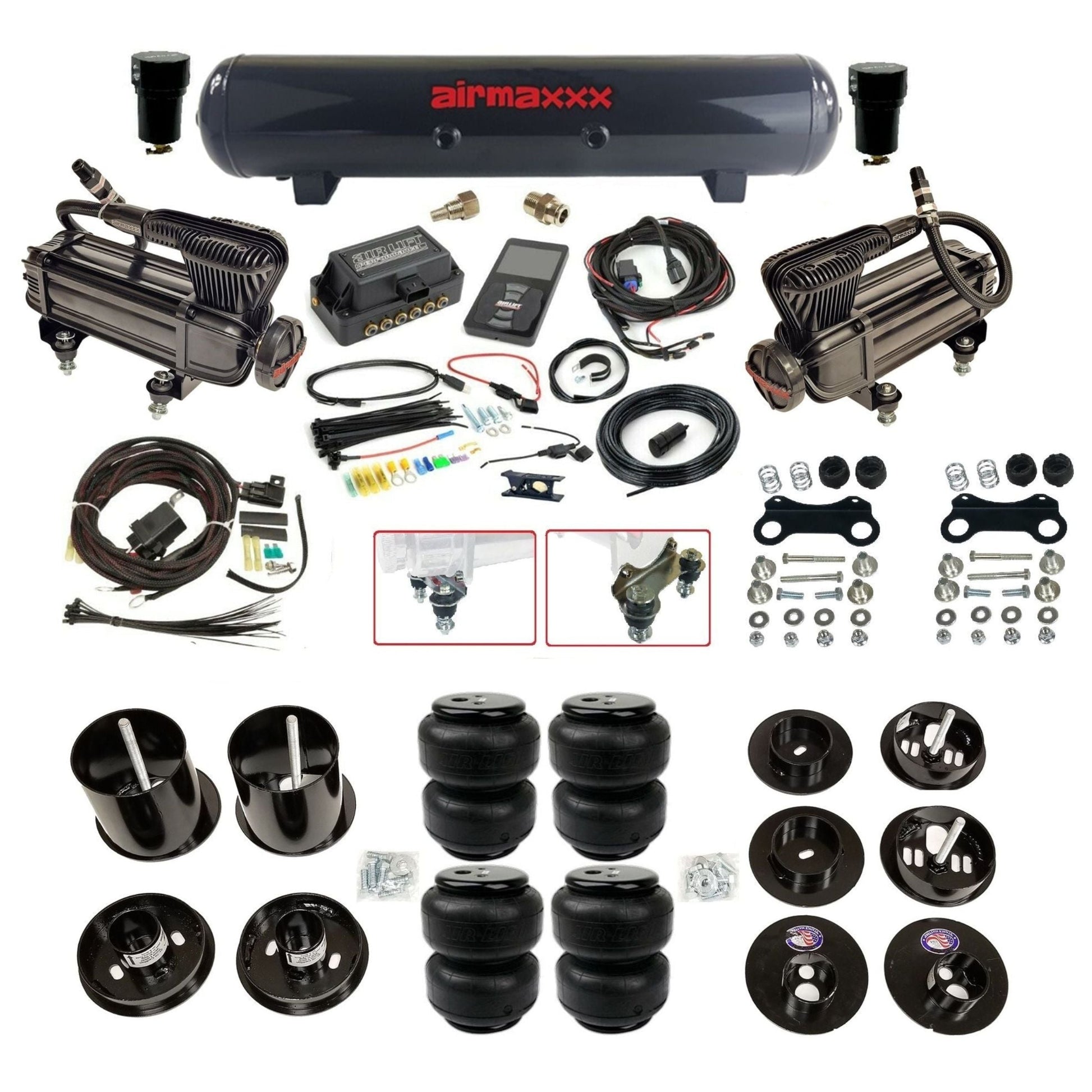 Air Lift 3P 3/8 air suspension kit with dual X-series compressors steel tank airlift bags & airmaxxx brackets fits 1965-70 Cadillac KCAD65-XB2-57S-27685-WK-3P2D25