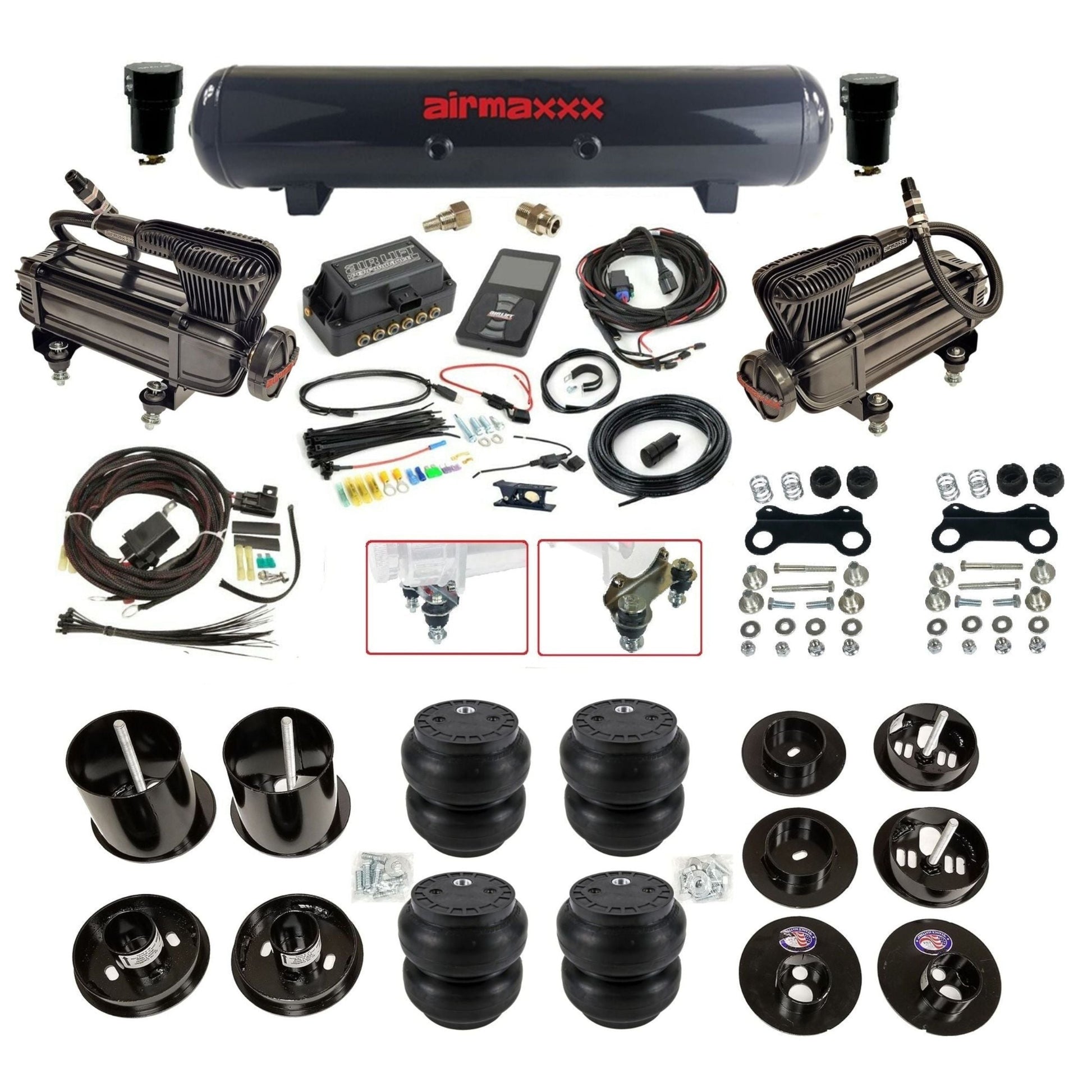 Air Lift 3P 3/8 air suspension kit with dual X-series compressors steel tank slam bags & airmaxxx brackets fits 1965-70 Cadillac KCAD65-XB2-57S-27685-WK-3P2SS7