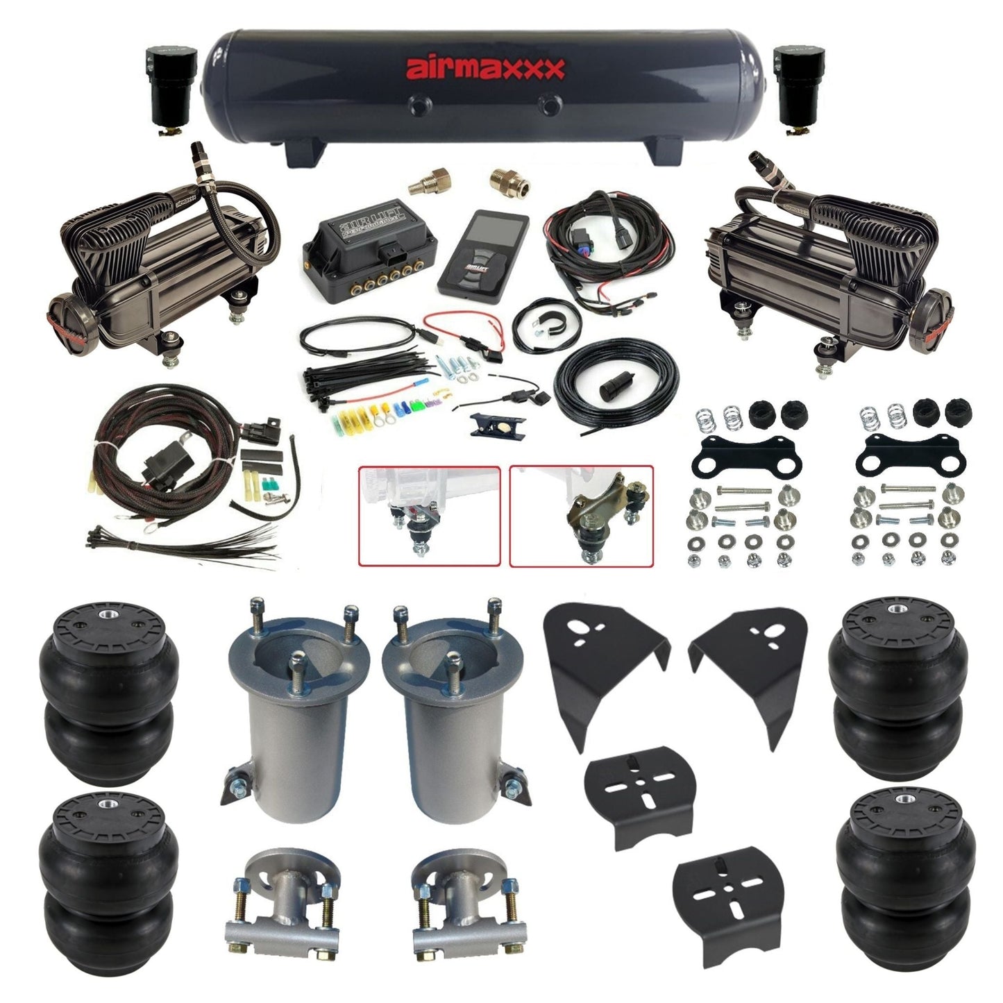 Air Lift 3P 3/8 air suspension kit with dual X-series compressors steel tank & slam bags w/airmaxxx brackets fits 2007-18 Silverado KGM07-XB2-57S-27685-WK-3P2SS7