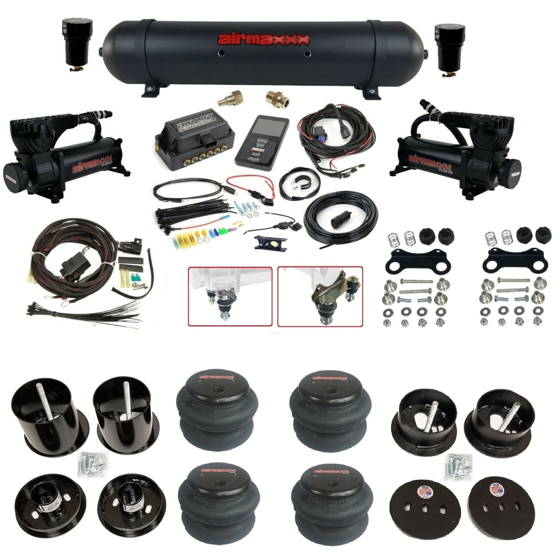 Air Lift 3P 3/8 air suspension kit with dual black 580 compressors aluminum tank 2600 bags & airmaxxx brackets fits 1963-64 Cadillac KCAD63-580B2-57ABK-27685-WK-3P2
