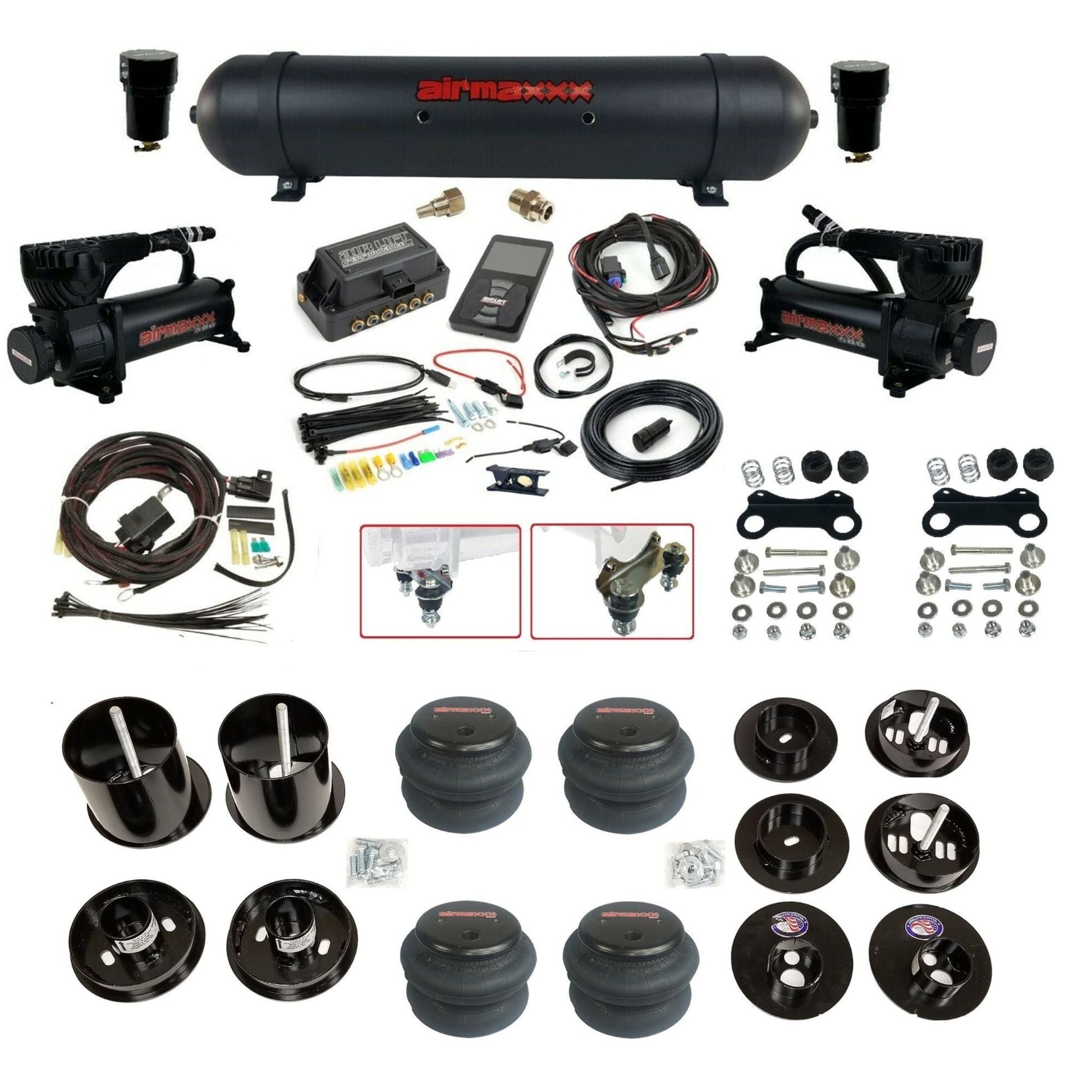 Air Lift 3P 3/8 air suspension kit with dual black 580 compressors aluminum tank 2600 bags & airmaxxx brackets fits 1965-70 Cadillac KCAD65-580B2-57ABK-27685-WK-3P2