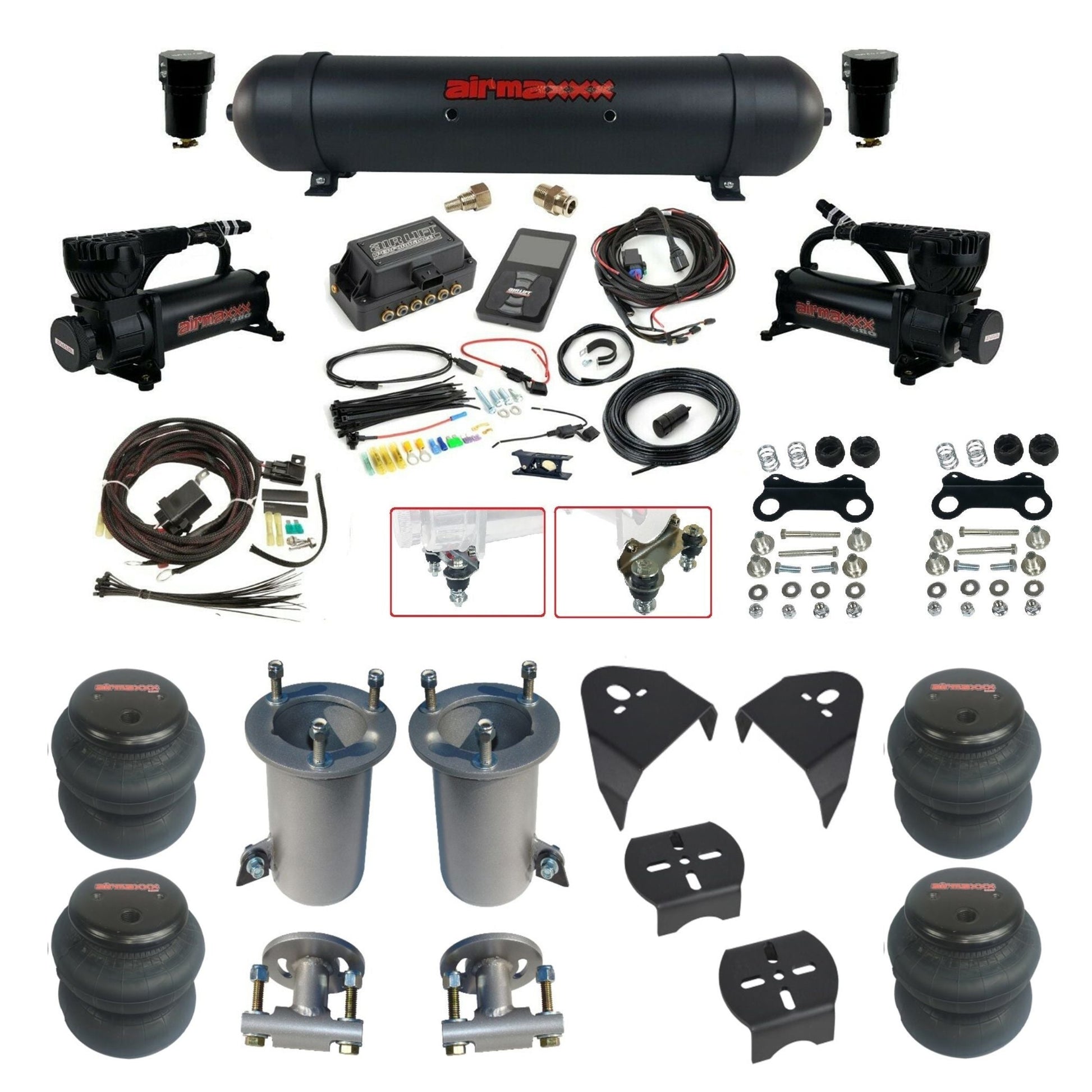 Air Lift 3P 3/8 air suspension kit with dual black 580 compressors aluminum tank & 2600 bags w/airmaxxx brackets fits 2007-18 Silverado 1500 KGM07-580B2-57ABK-27685-WK-3P2