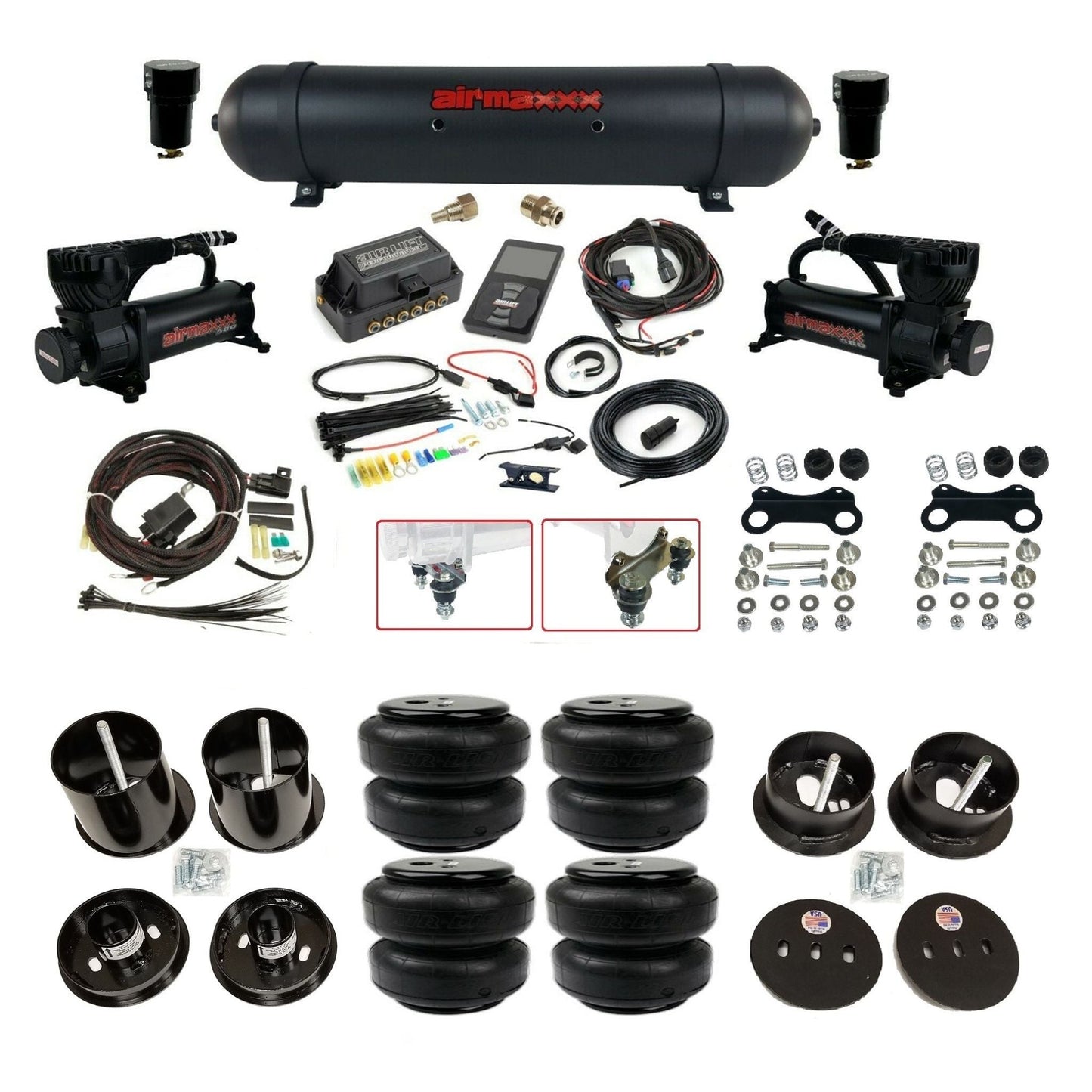 Air Lift 3P 3/8 air suspension kit with dual black 580 compressors aluminum tank airlift bags & airmaxxx brackets fits 1963-64 Cadillac KCAD63-580B2-57ABK-27685-WK-3P2D25
