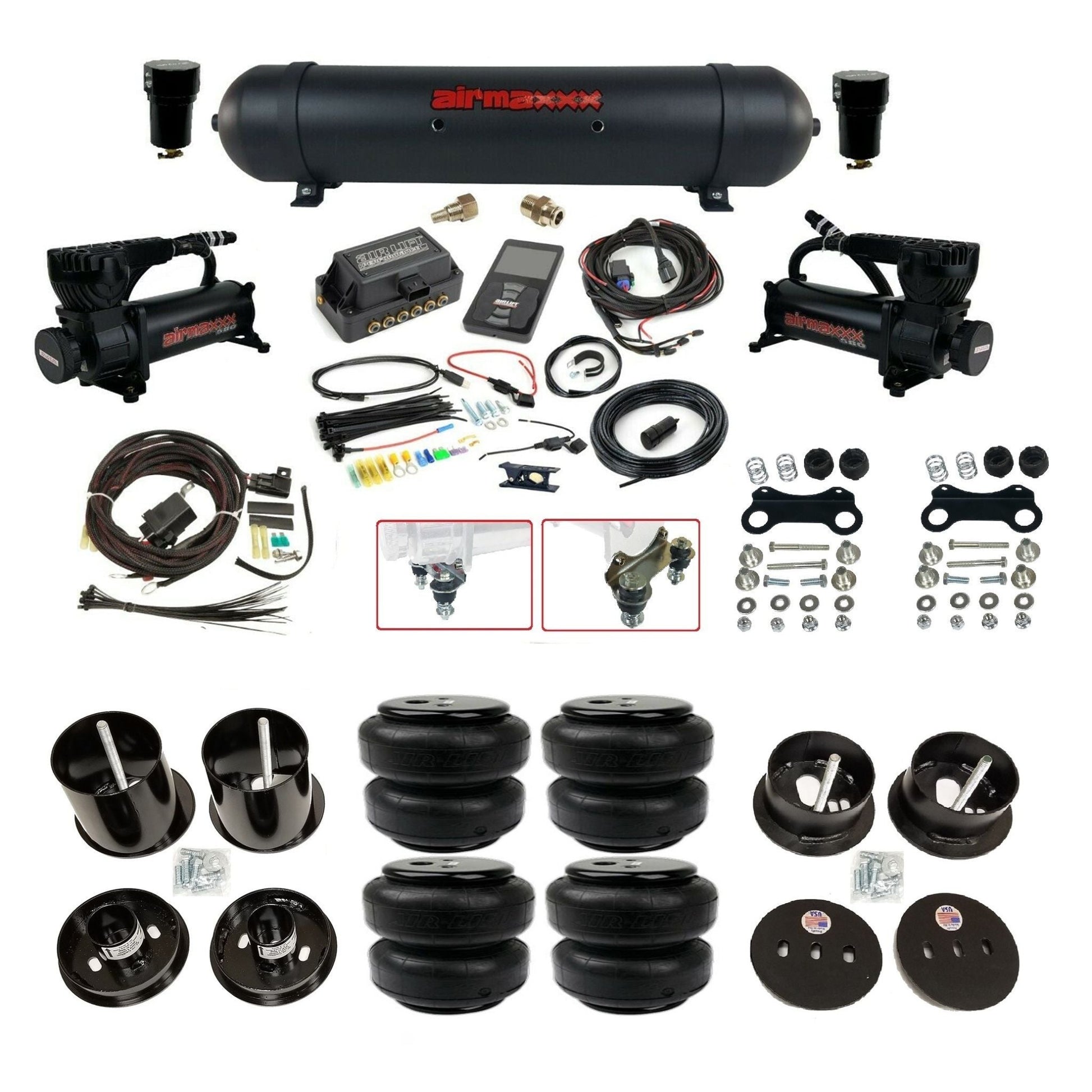 Air Lift 3P 3/8 air suspension kit with dual black 580 compressors aluminum tank airlift bags & airmaxxx brackets fits 1963-64 Cadillac KCAD63-580B2-57ABK-27685-WK-3P2D25