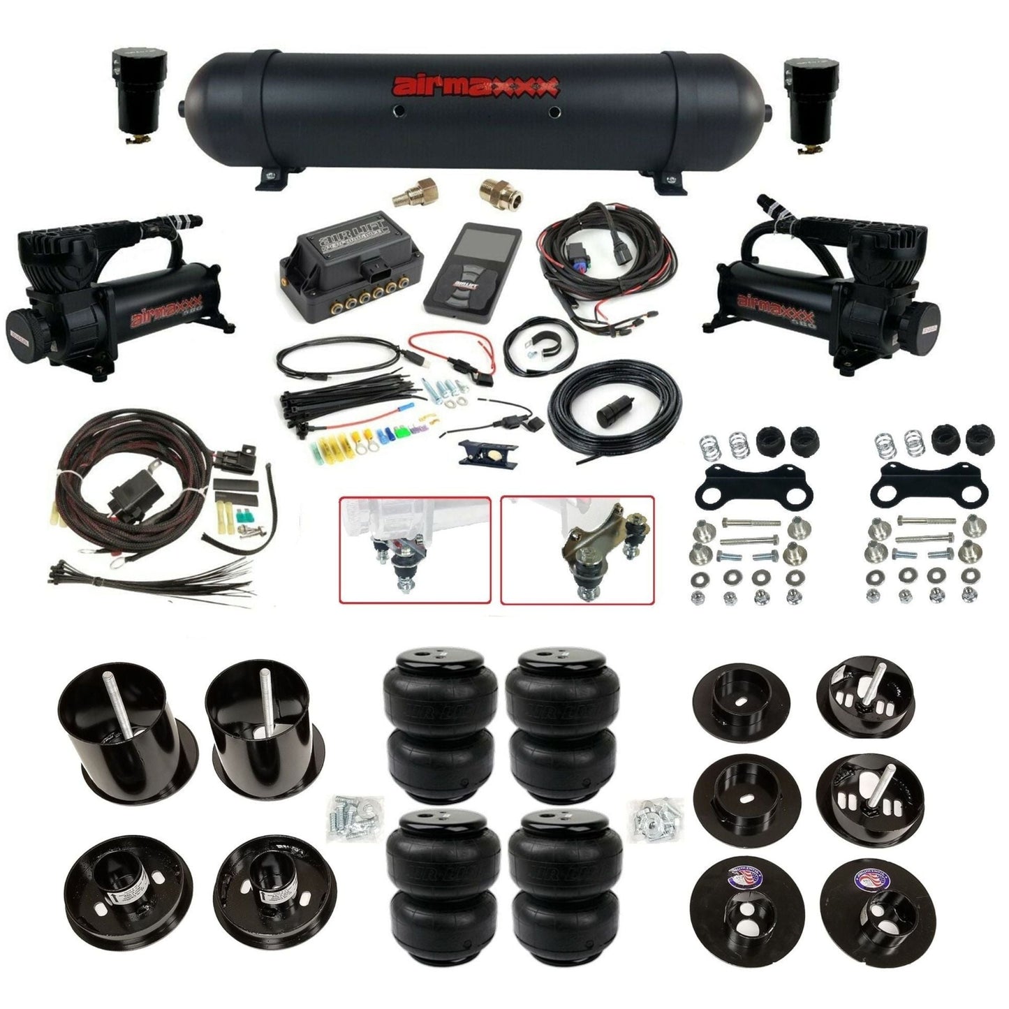 Air Lift 3P 3/8 air suspension kit with dual black 580 compressors aluminum tank airlift bags & airmaxxx brackets fits 1965-70 Cadillac KCAD65-580B2-57ABK-27685-WK-3P2D25