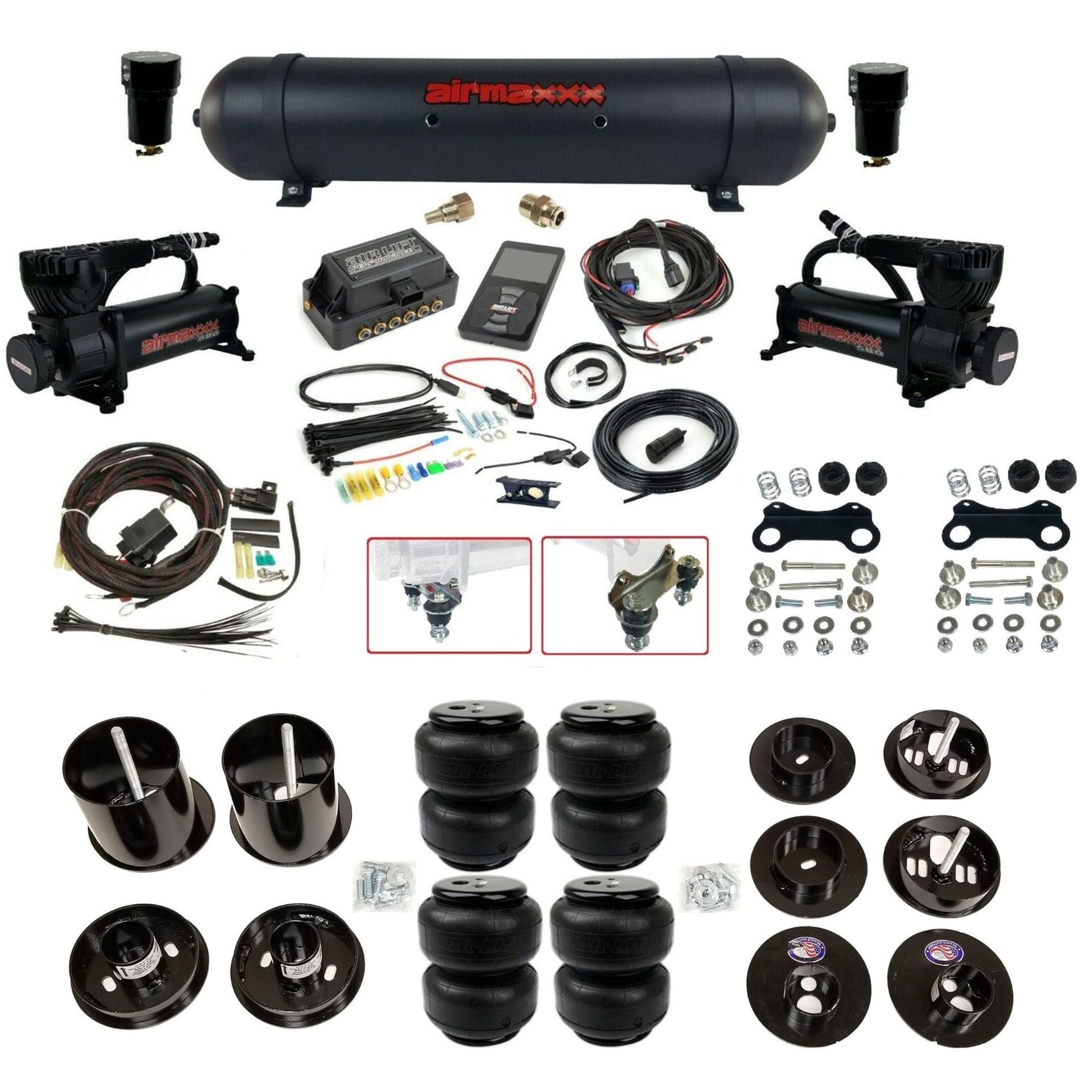 Air Lift 3P 3/8 air suspension kit with dual black 580 compressors aluminum tank airlift bags & airmaxxx brackets fits 1965-70 Cadillac KCAD65-580B2-57ABK-27685-WK-3P2D25