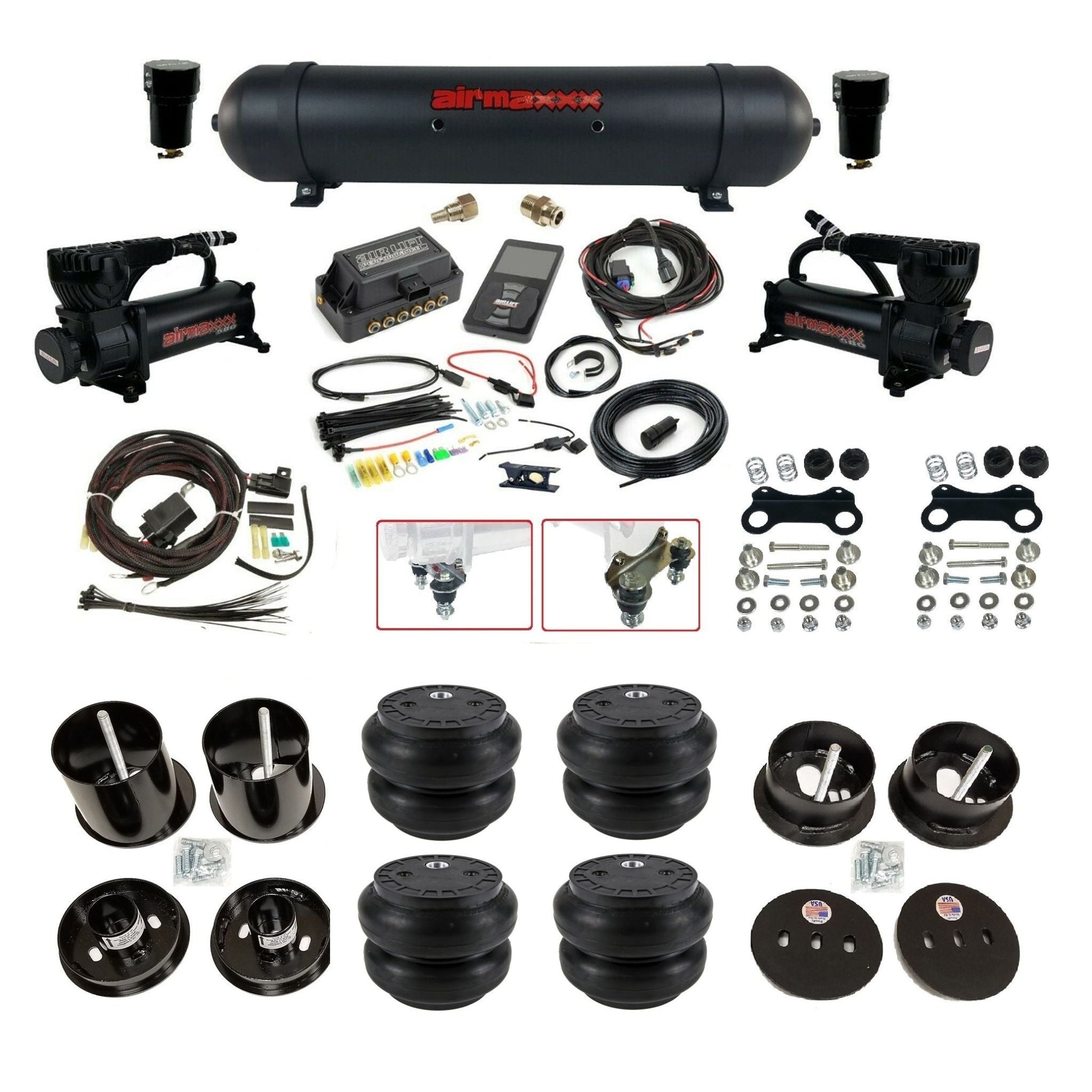 Air Lift 3P 3/8 air suspension kit with dual black 580 compressors aluminum tank slam bags & airmaxxx brackets fits 1963-64 Cadillac KCAD63-580B2-57ABK-27685-WK-3P2SS7