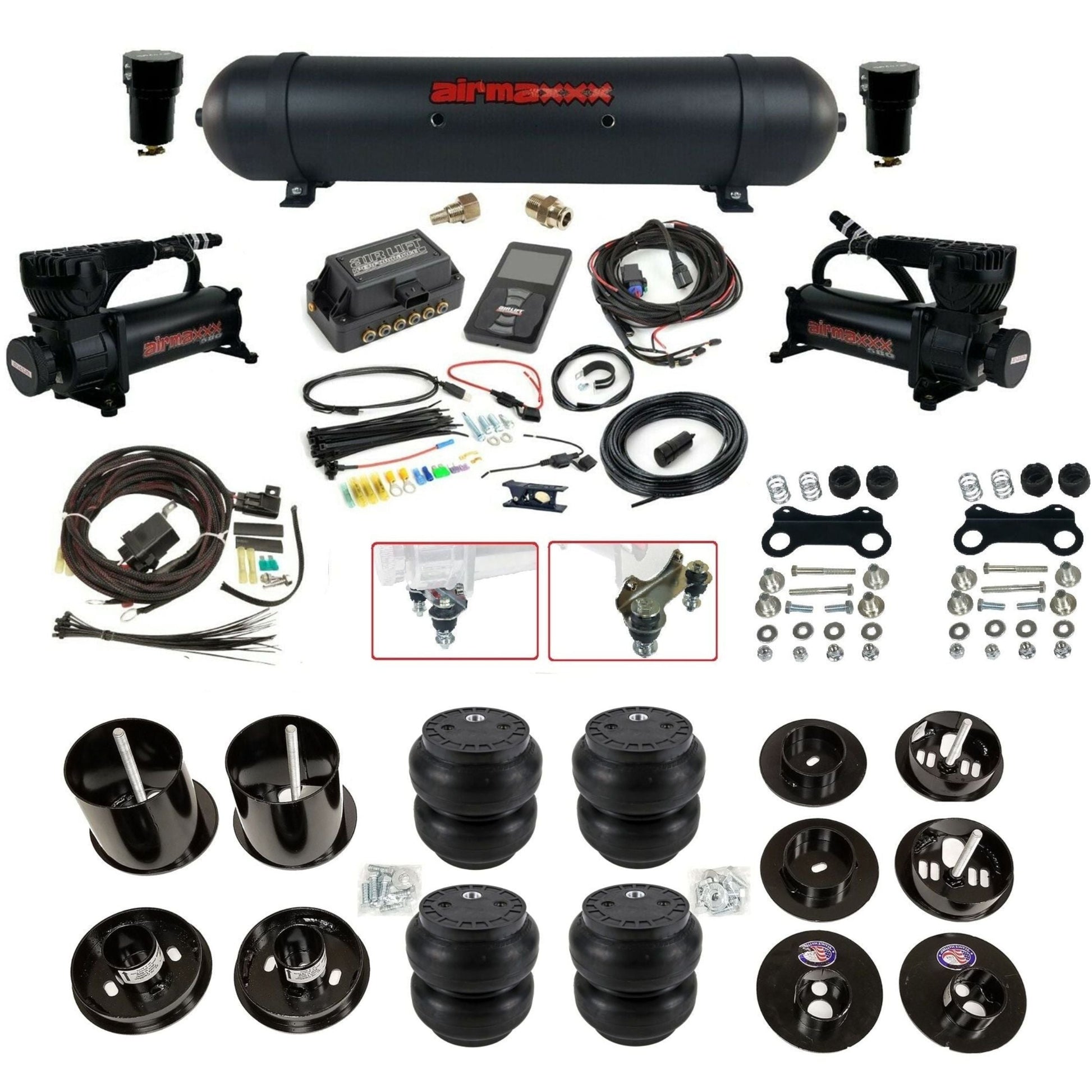 Air Lift 3P 3/8 air suspension kit with dual black 580 compressors aluminum tank slam bags & airmaxxx brackets fits 1965-70 Cadillac KCAD65-580B2-57ABK-27685-WK-3P2SS7