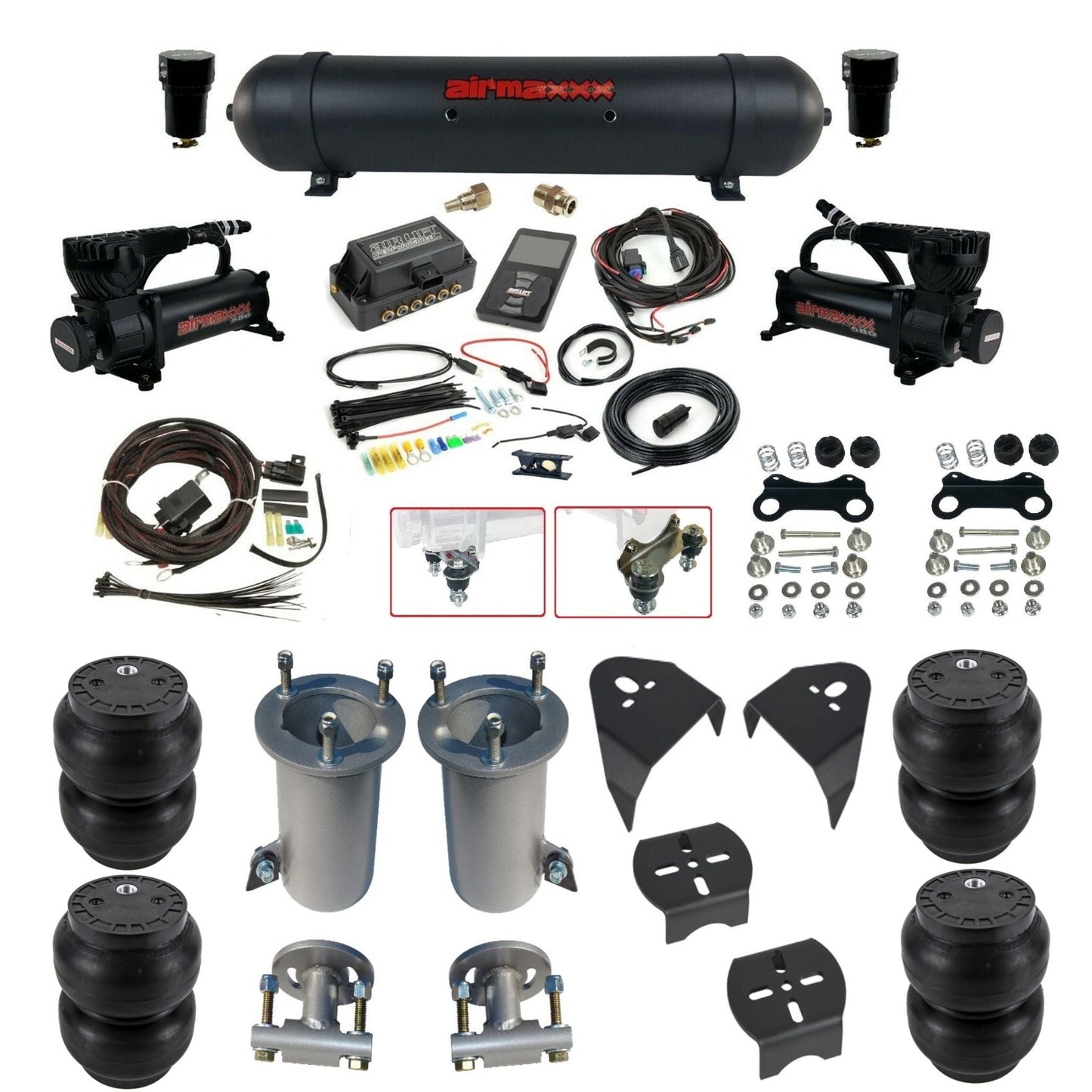 Air Lift 3P 3/8 air suspension kit with dual black 580 compressors aluminum tank & slam bags w/airmaxxx brackets fits 2007-18 Silverado 1500 KGM07-580B2-57ABK-27685-WK-3P2SS7