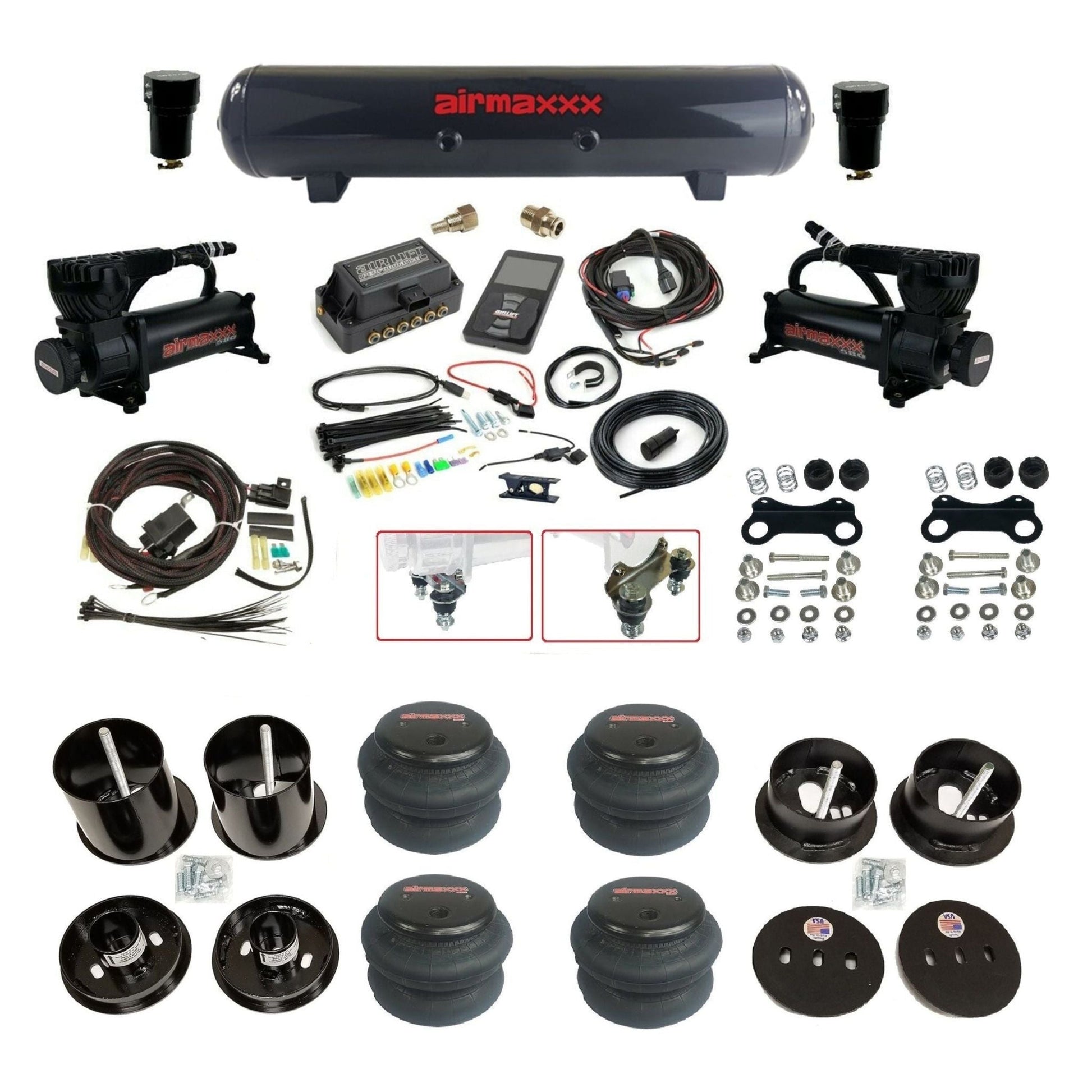 Air Lift 3P 3/8 air suspension kit with dual black 580 compressors steel tank 2600 bags & airmaxxx brackets fits 1963-64 Cadillac KCAD63-580B2-57S-27685-WK-3P2