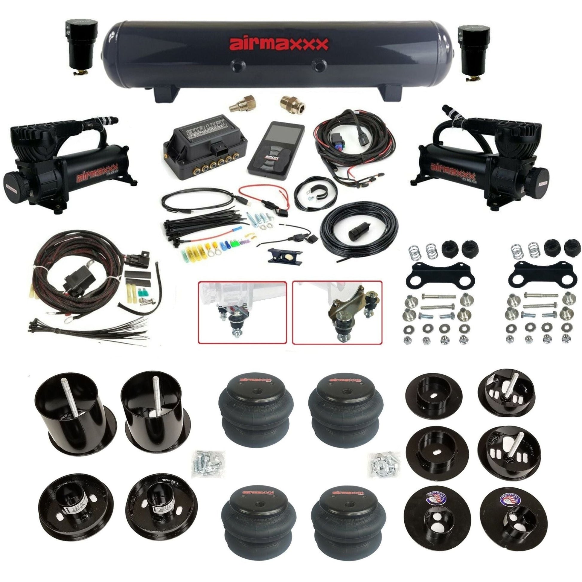 Air Lift 3P 3/8 air suspension kit with dual black 580 compressors steel tank 2600 bags & airmaxxx brackets fits 1965-70 Cadillac KCAD65-580B2-57S-27685-WK-3P2