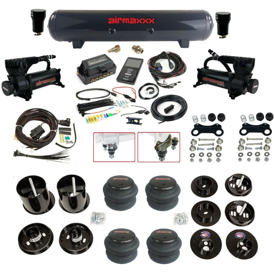Air Lift 3P 3/8 air suspension kit with dual black 580 compressors steel tank 2600 bags & airmaxxx brackets fits 1965-70 Cadillac KCAD65-580B2-57S-27685-WK-3P2