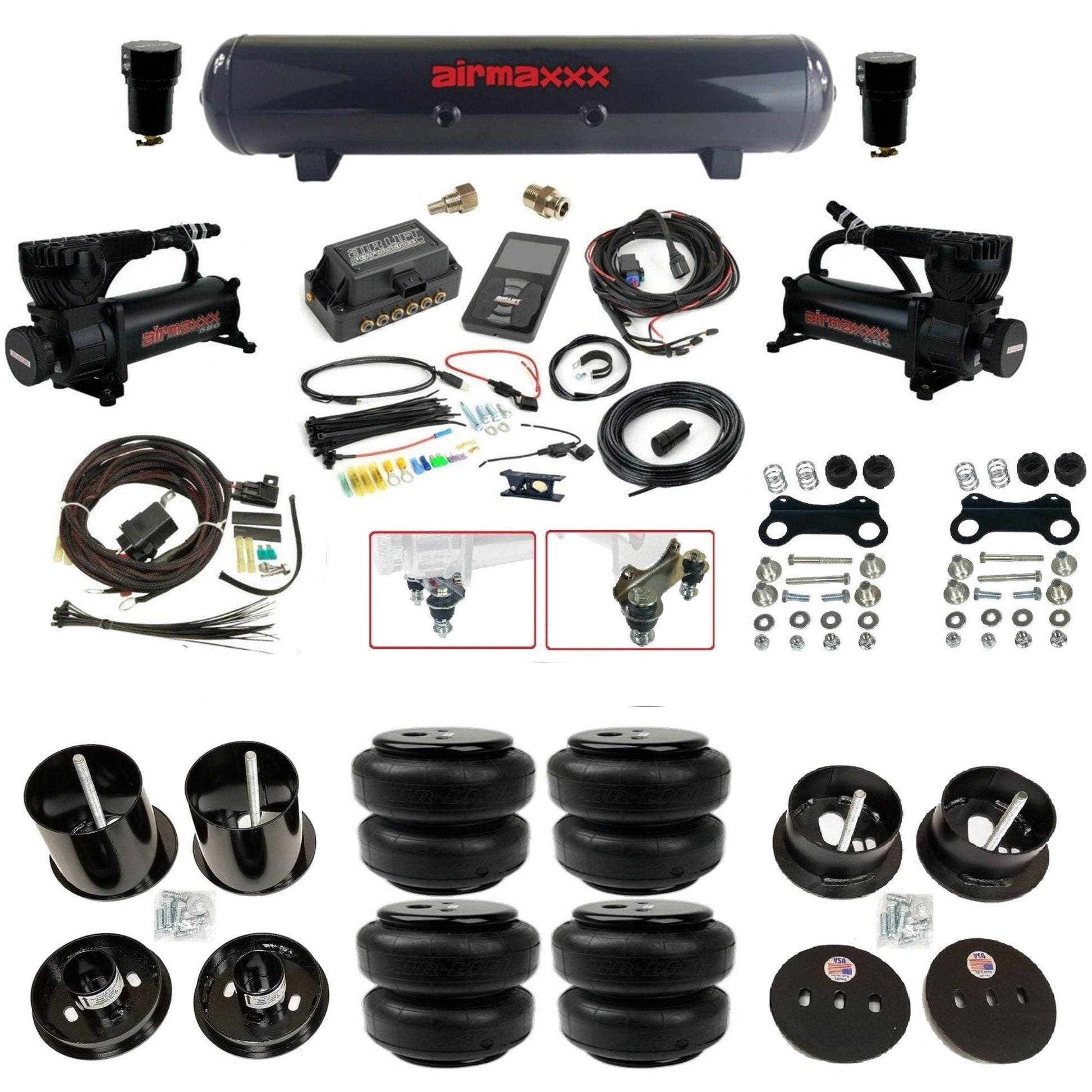 Air Lift 3P 3/8 air suspension kit with dual black 580 compressors steel tank airlift bags & airmaxxx brackets fits 1963-64 Cadillac KCAD63-580B2-57S-27685-WK-3P2D25