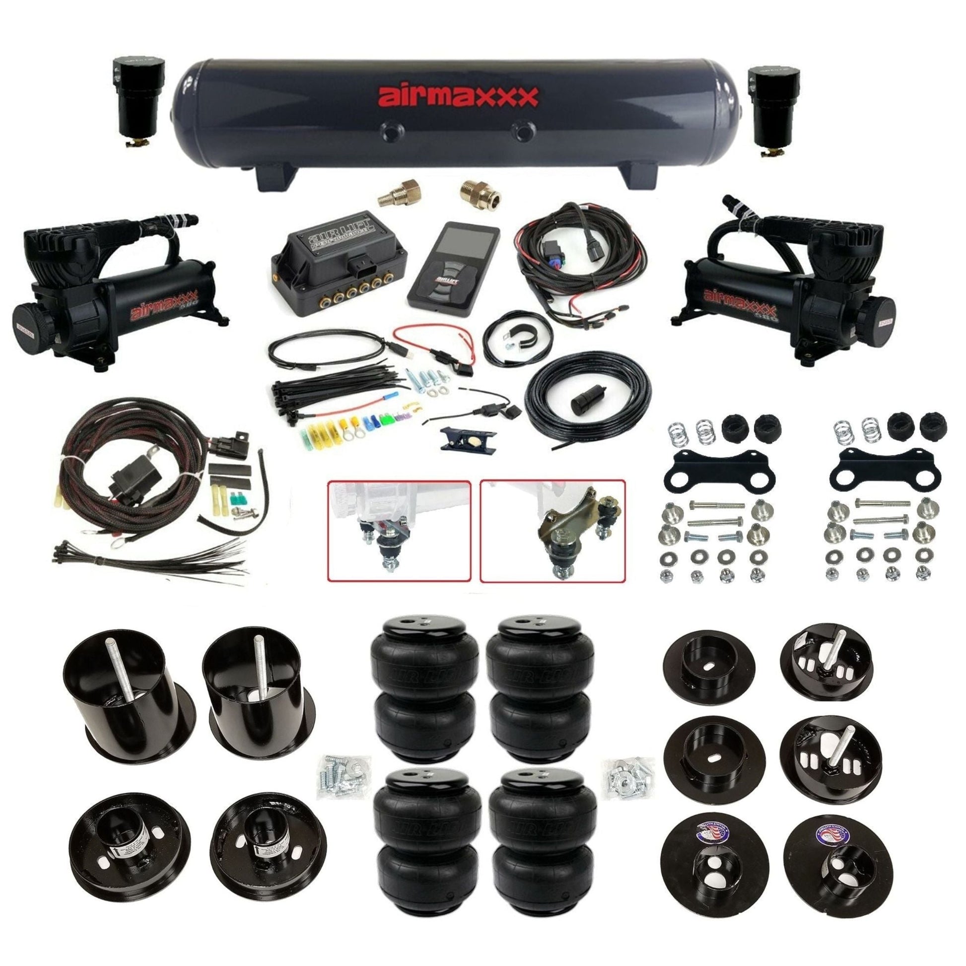 Air Lift 3P 3/8 air suspension kit with dual black 580 compressors steel tank airlift bags & airmaxxx brackets fits 1965-70 Cadillac KCAD65-580B2-57S-27685-WK-3P2D25